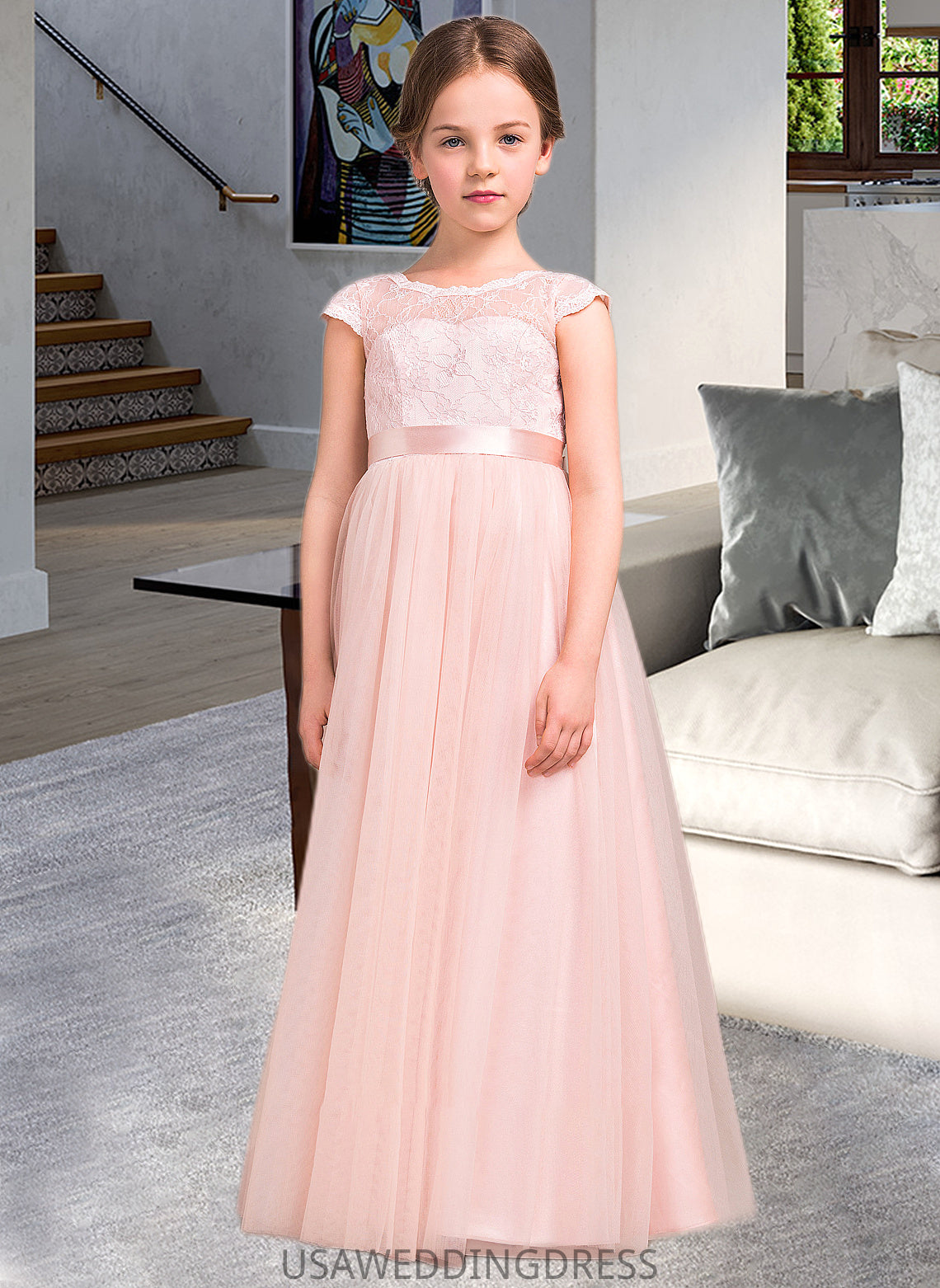 Gabrielle A-Line Scoop Neck Floor-Length Tulle Lace Junior Bridesmaid Dress With Bow(s) DSP0013619