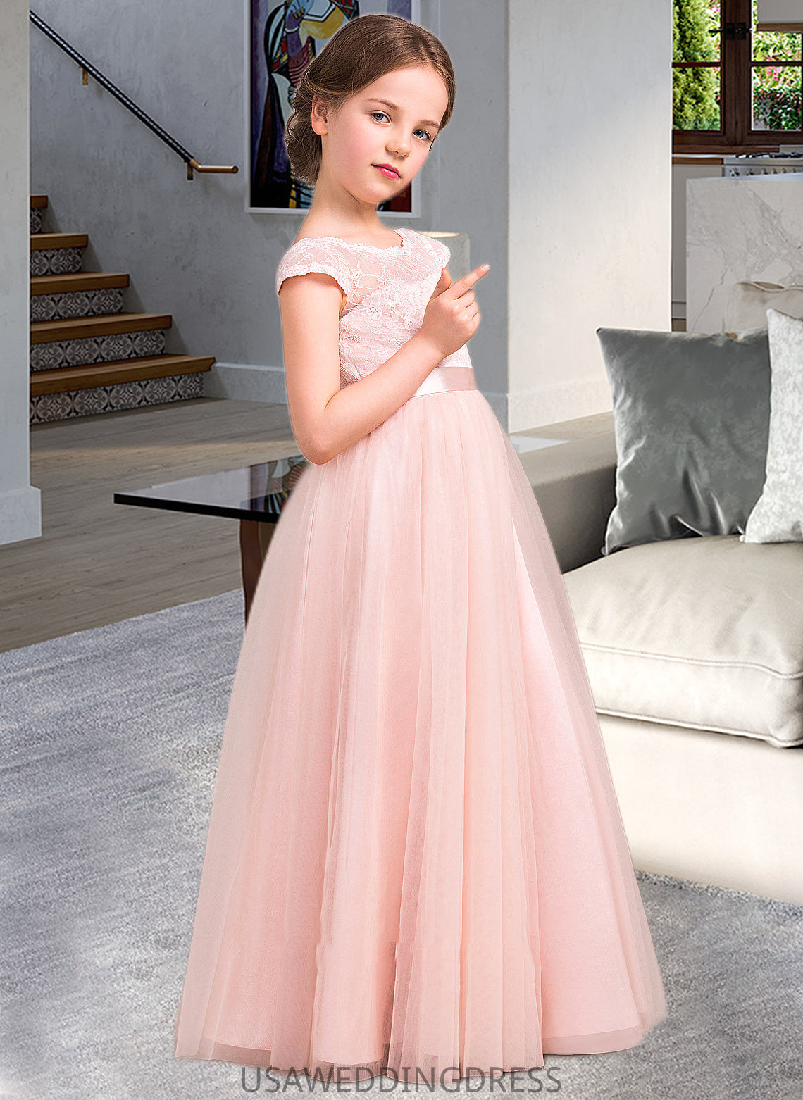 Gabrielle A-Line Scoop Neck Floor-Length Tulle Lace Junior Bridesmaid Dress With Bow(s) DSP0013619