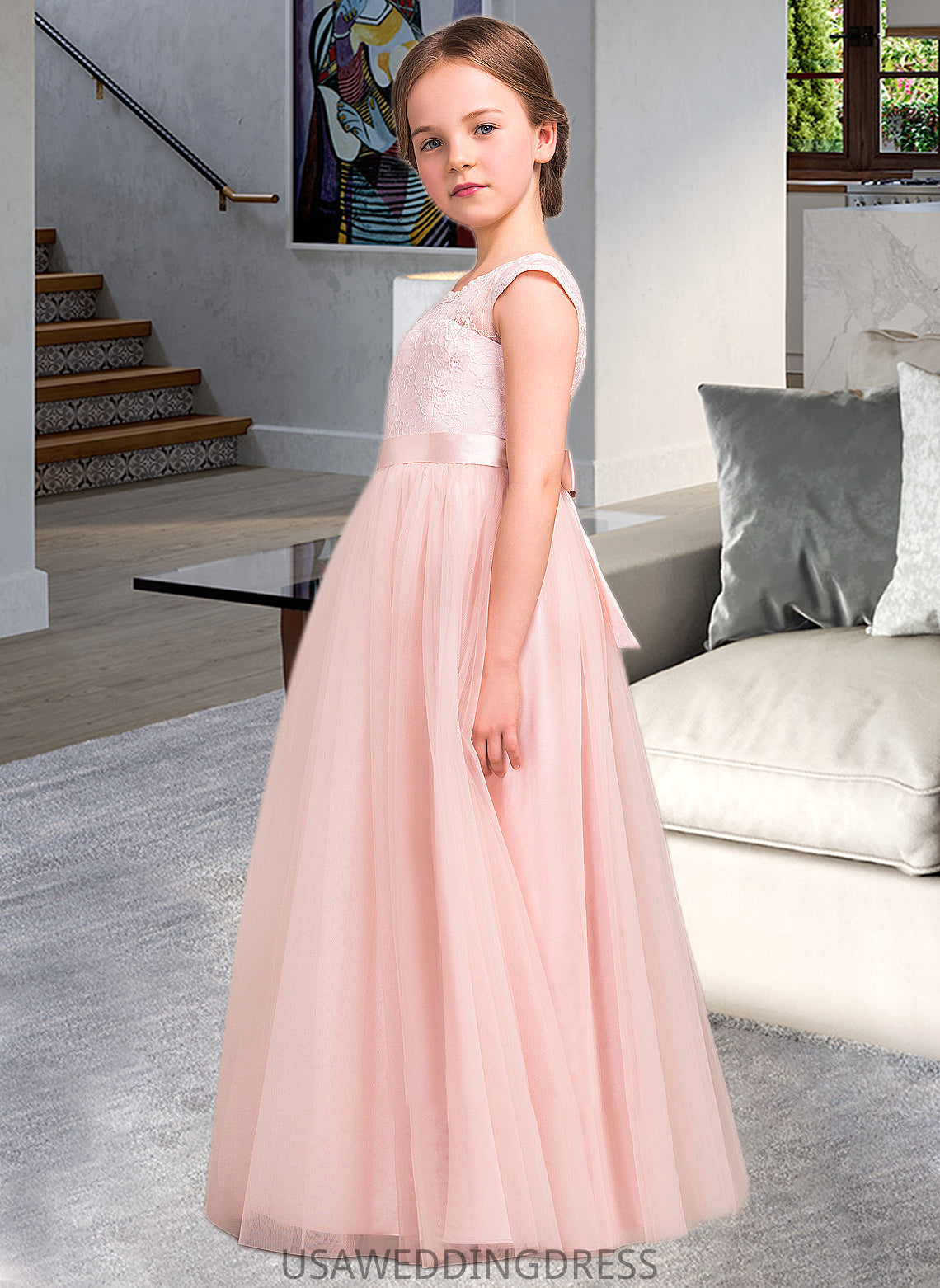 Gabrielle A-Line Scoop Neck Floor-Length Tulle Lace Junior Bridesmaid Dress With Bow(s) DSP0013619