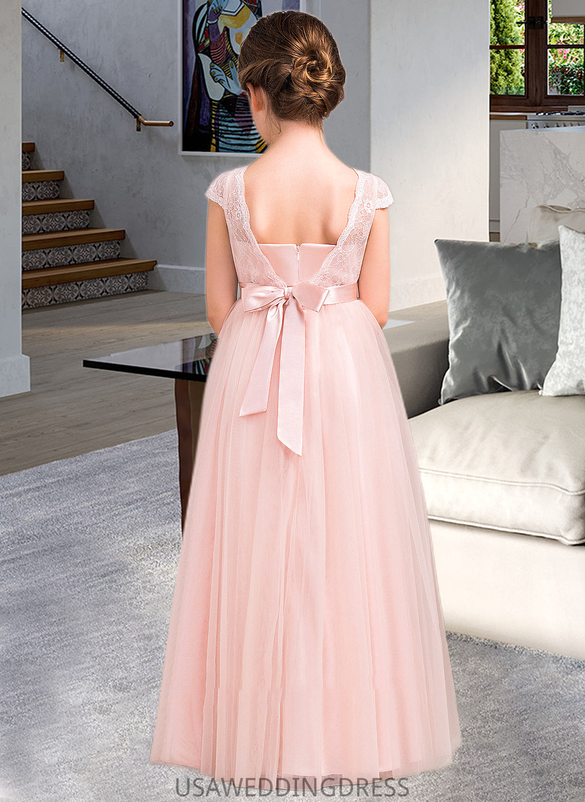 Gabrielle A-Line Scoop Neck Floor-Length Tulle Lace Junior Bridesmaid Dress With Bow(s) DSP0013619