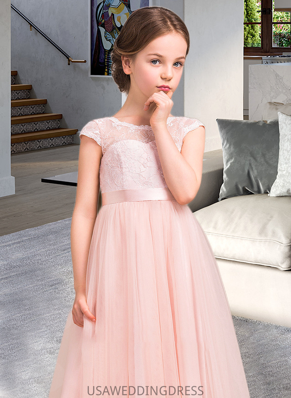 Gabrielle A-Line Scoop Neck Floor-Length Tulle Lace Junior Bridesmaid Dress With Bow(s) DSP0013619