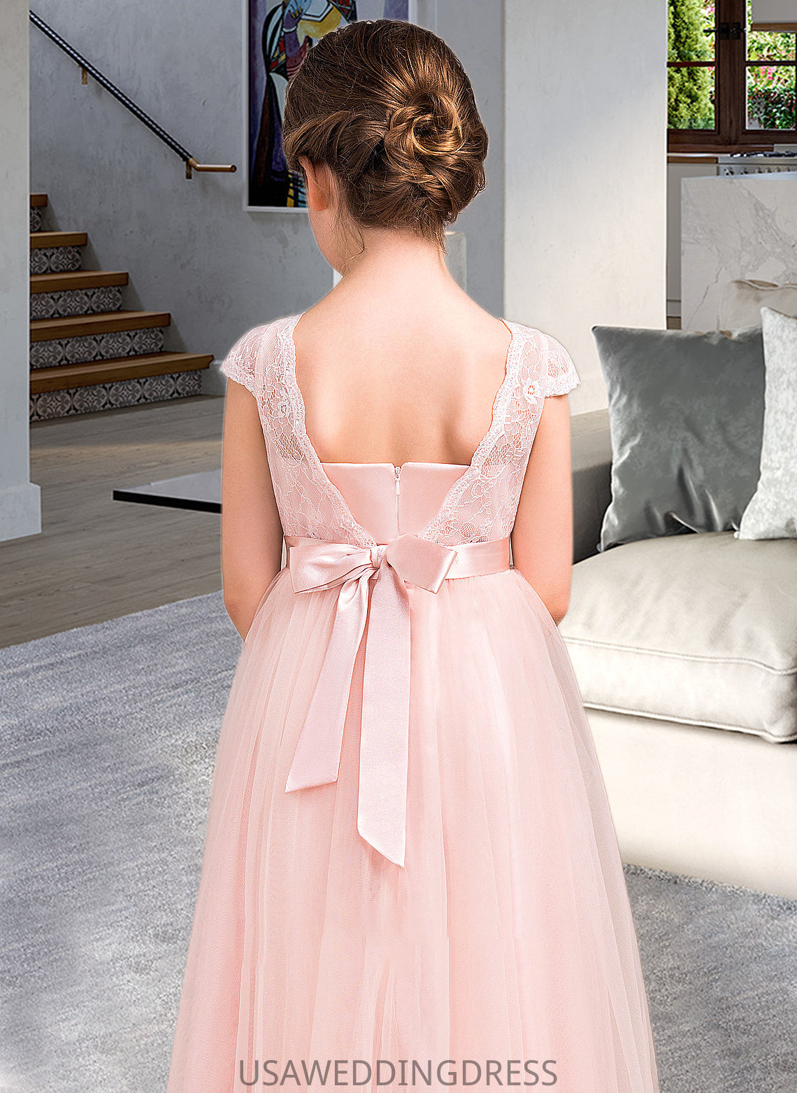 Gabrielle A-Line Scoop Neck Floor-Length Tulle Lace Junior Bridesmaid Dress With Bow(s) DSP0013619