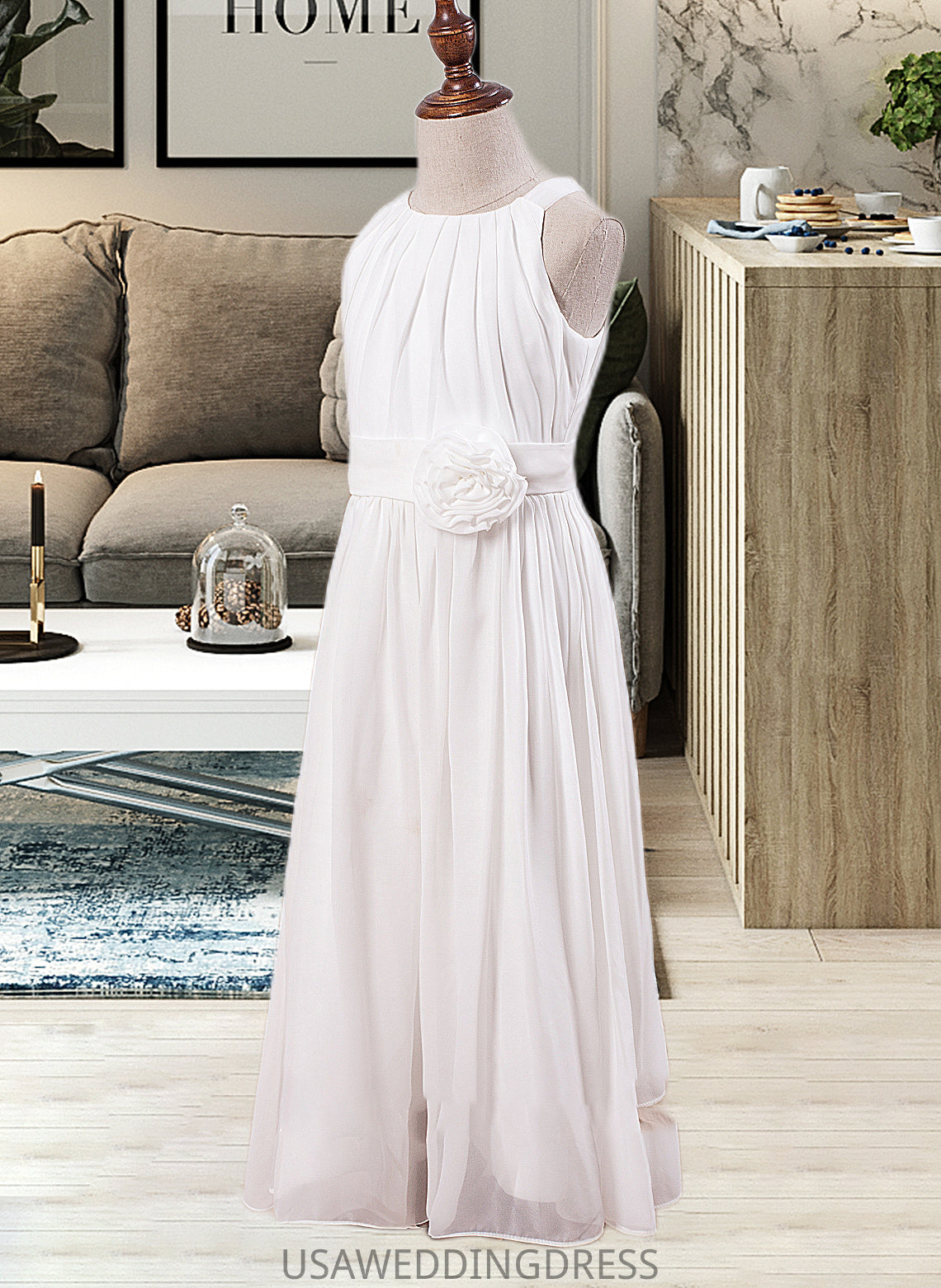 Armani A-Line Scoop Neck Ankle-Length Chiffon Junior Bridesmaid Dress With Flower(s) DSP0013621