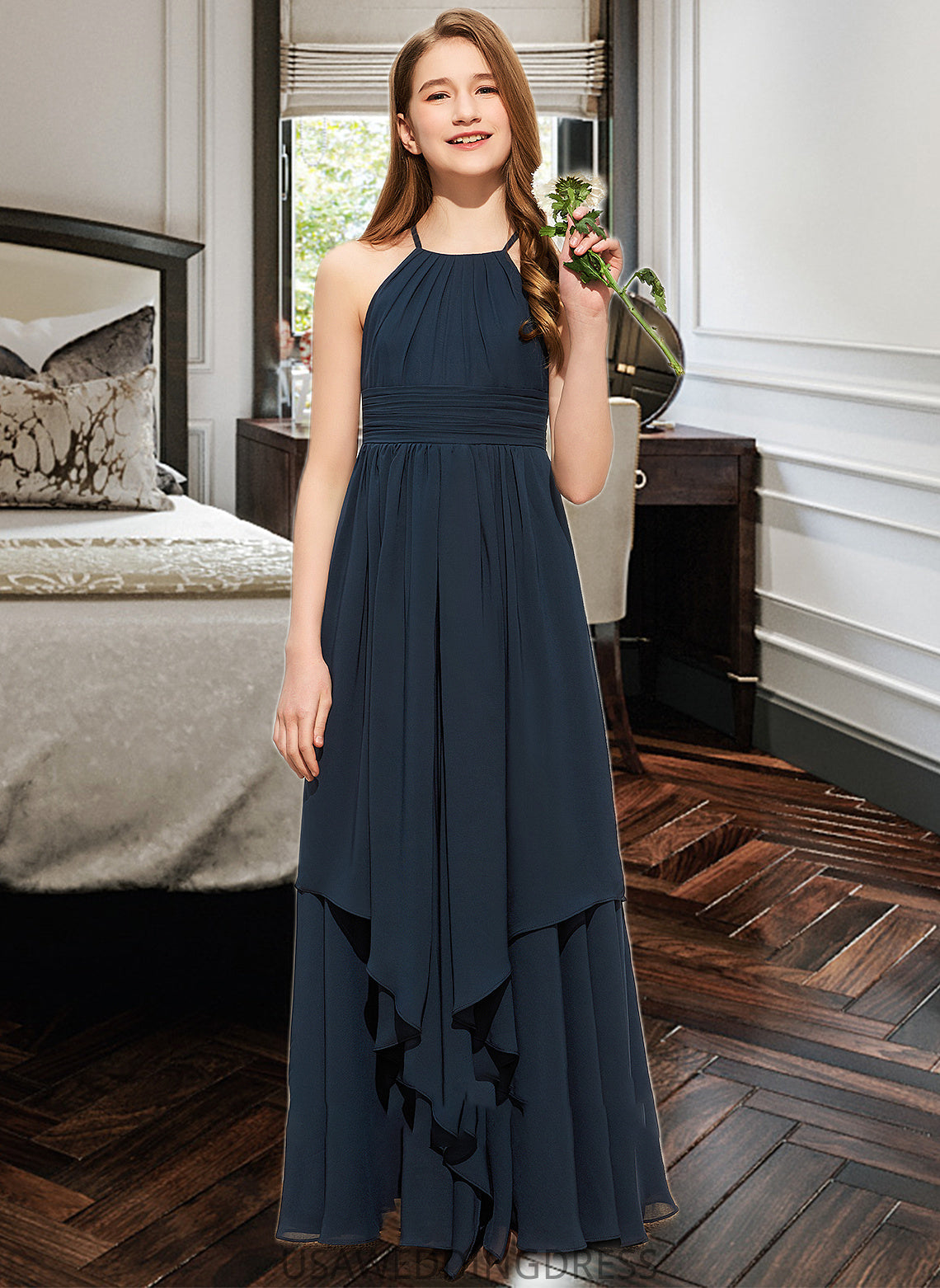 Alicia A-Line Scoop Neck Floor-Length Chiffon Junior Bridesmaid Dress With Cascading Ruffles DSP0013622