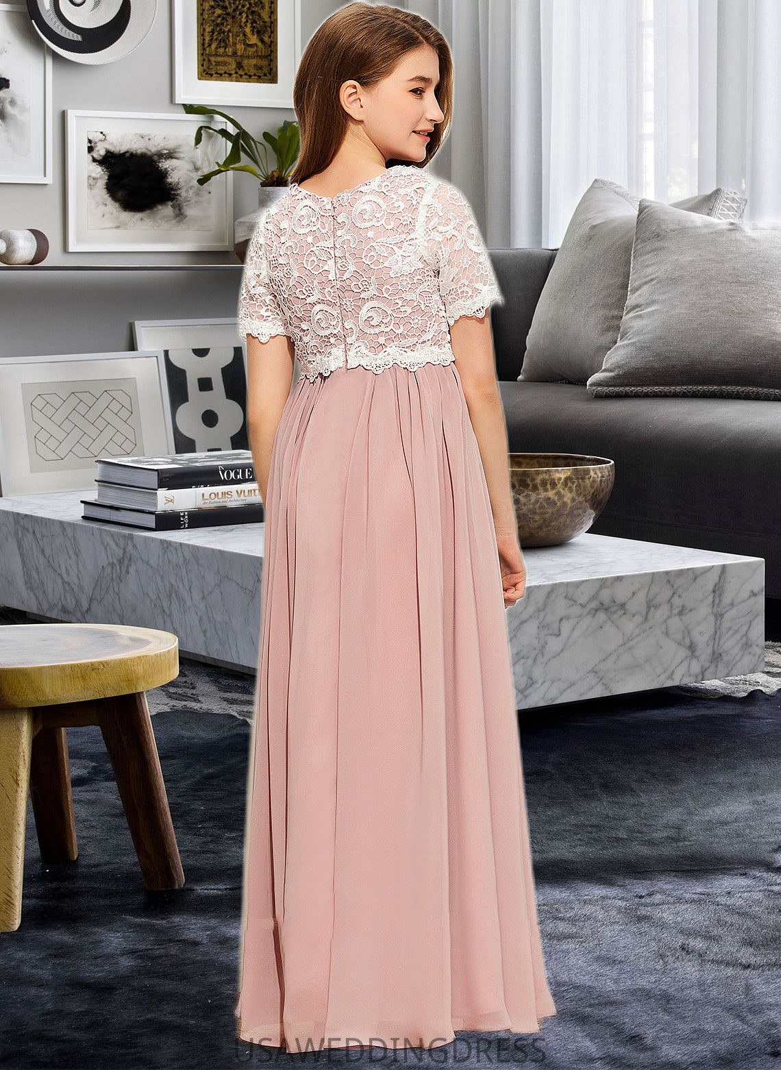 Larissa A-Line Scoop Neck Floor-Length Chiffon Lace Junior Bridesmaid Dress DSP0013623