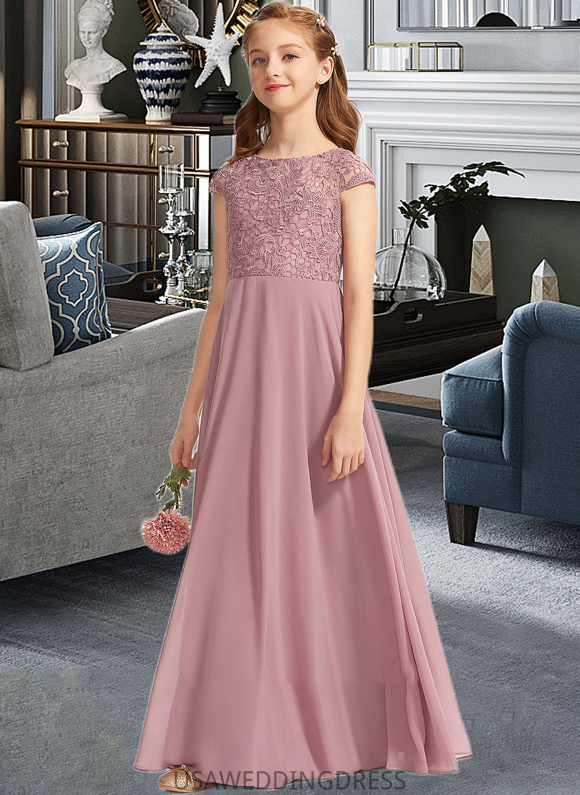 Rylee A-Line Scoop Neck Floor-Length Chiffon Lace Junior Bridesmaid Dress DSP0013624