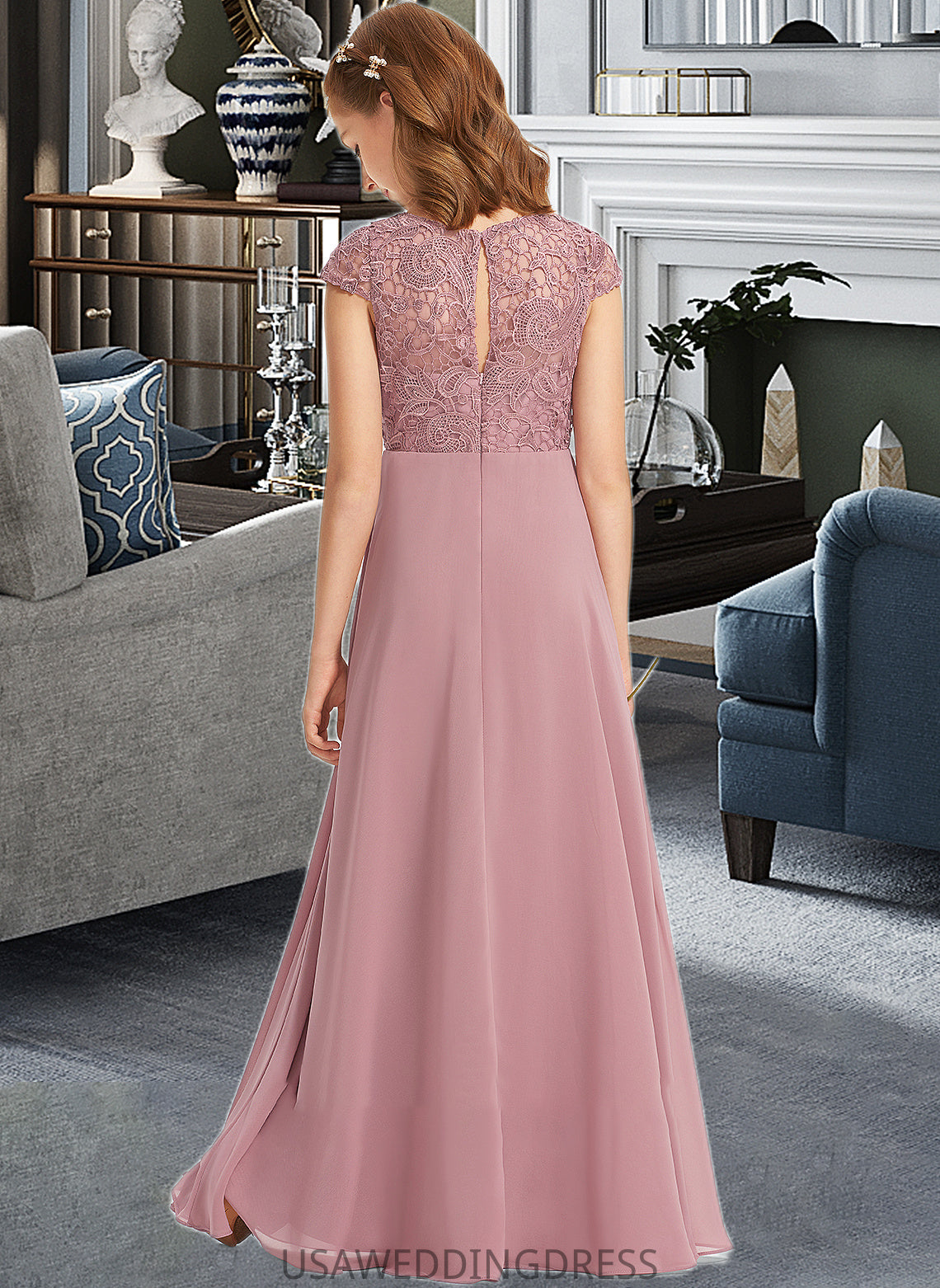 Rylee A-Line Scoop Neck Floor-Length Chiffon Lace Junior Bridesmaid Dress DSP0013624