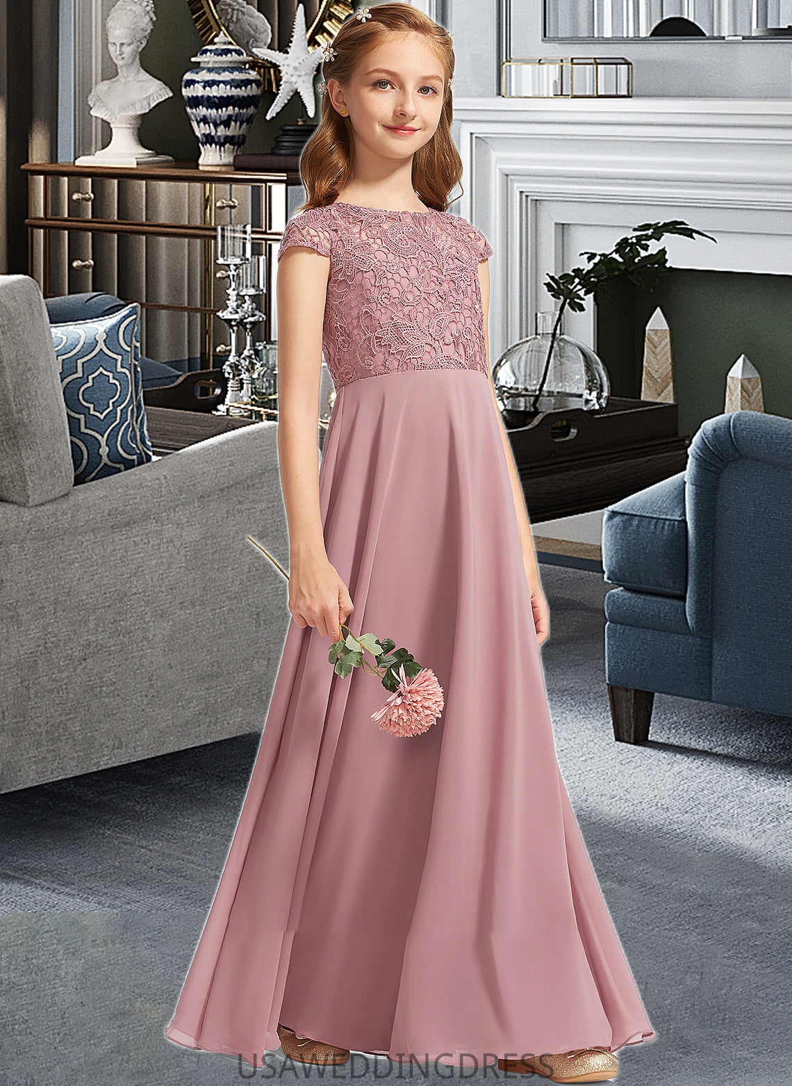 Rylee A-Line Scoop Neck Floor-Length Chiffon Lace Junior Bridesmaid Dress DSP0013624