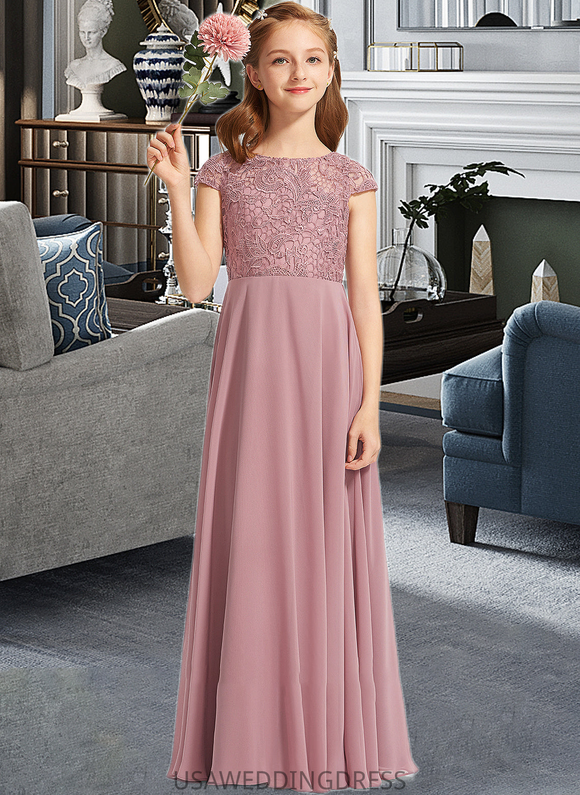 Rylee A-Line Scoop Neck Floor-Length Chiffon Lace Junior Bridesmaid Dress DSP0013624