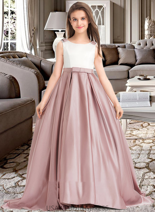 Madalyn Ball-Gown/Princess Scoop Neck Sweep Train Satin Junior Bridesmaid Dress With Bow(s) Pockets DSP0013626