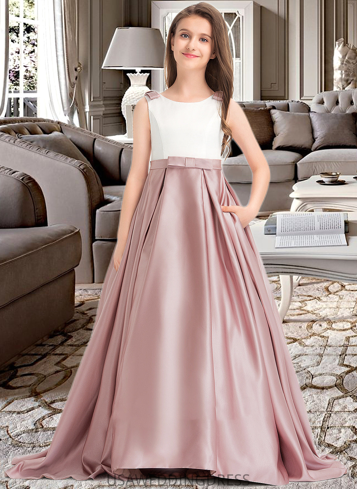 Madalyn Ball-Gown/Princess Scoop Neck Sweep Train Satin Junior Bridesmaid Dress With Bow(s) Pockets DSP0013626