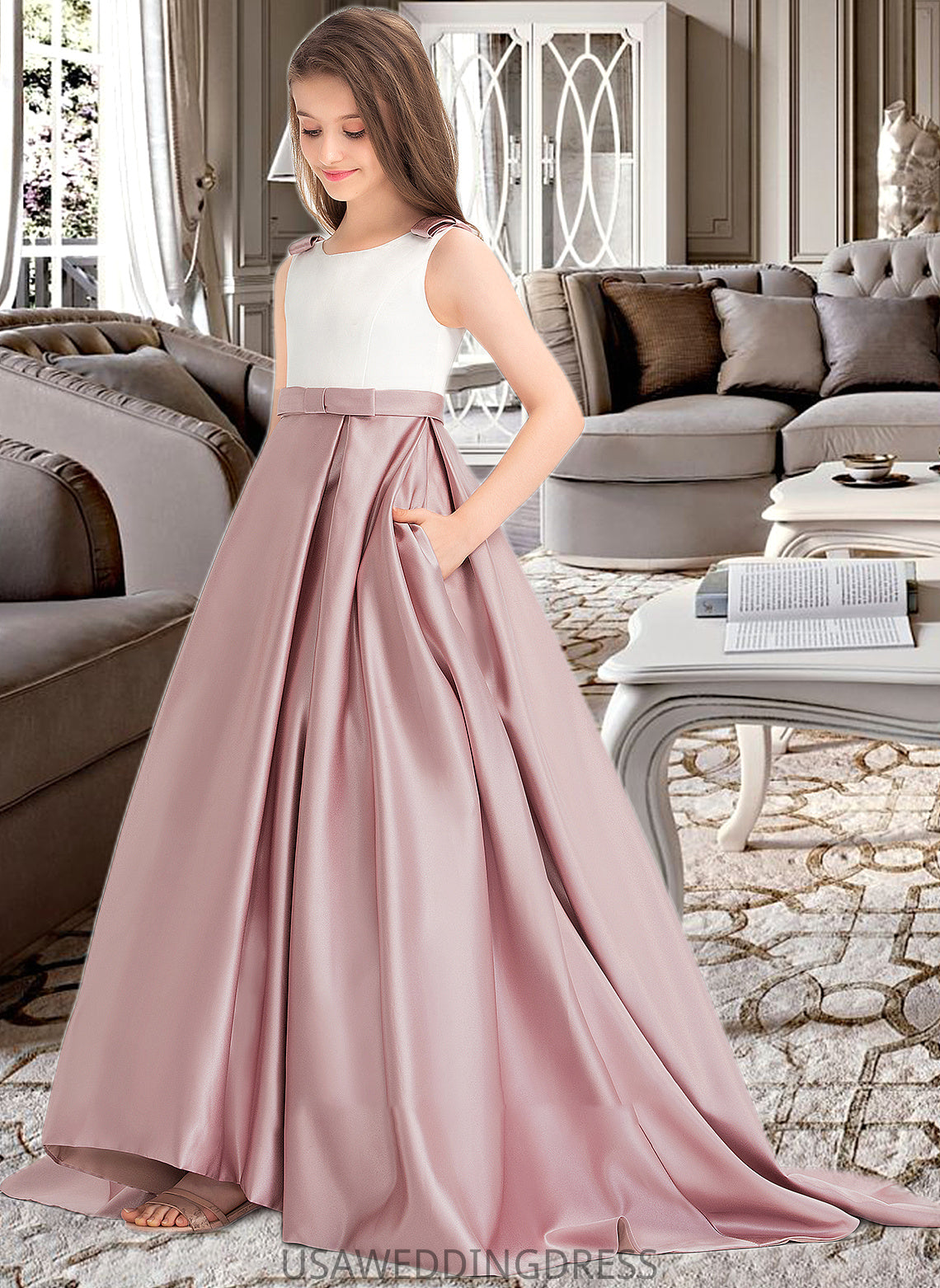 Madalyn Ball-Gown/Princess Scoop Neck Sweep Train Satin Junior Bridesmaid Dress With Bow(s) Pockets DSP0013626