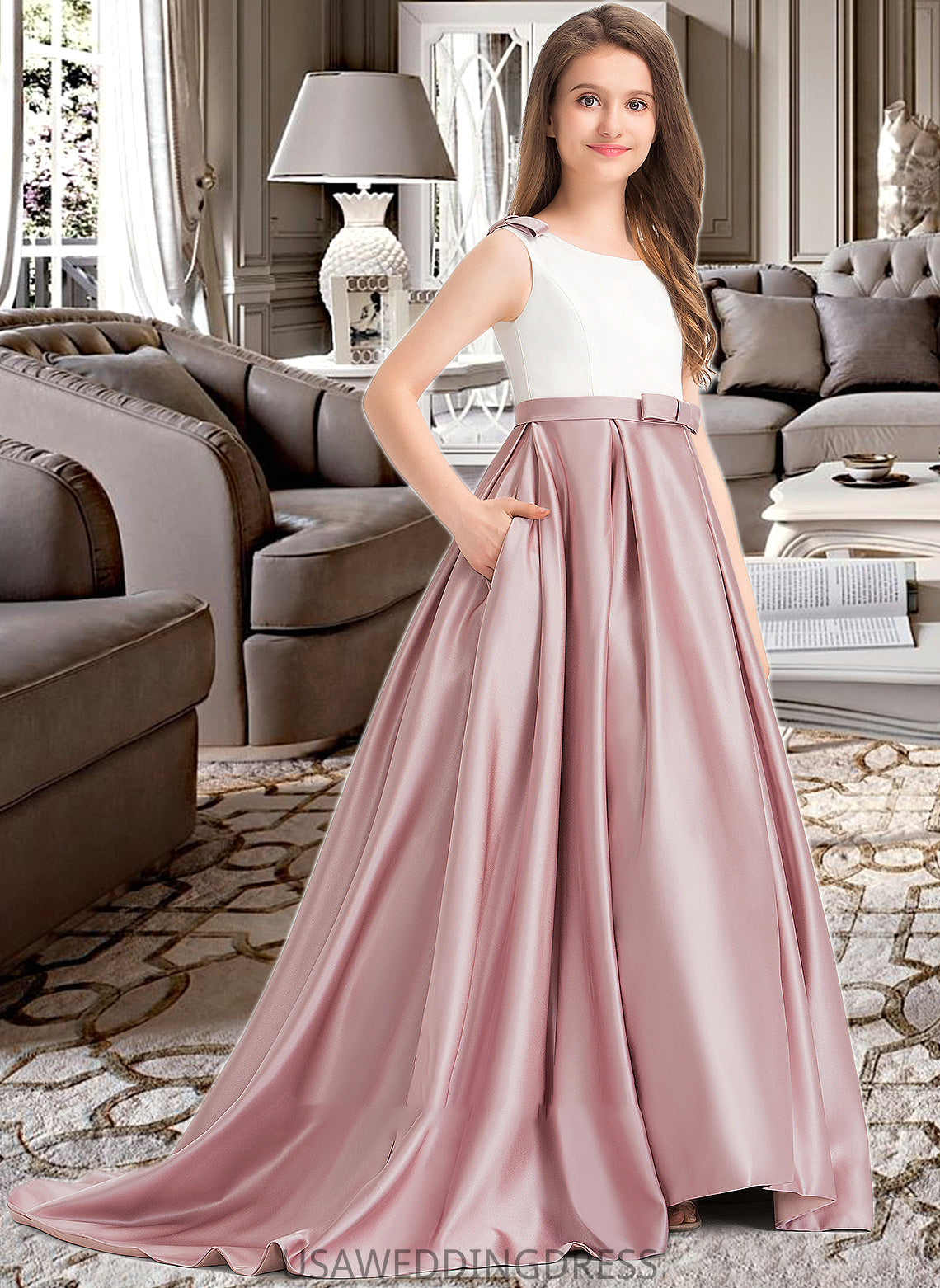 Madalyn Ball-Gown/Princess Scoop Neck Sweep Train Satin Junior Bridesmaid Dress With Bow(s) Pockets DSP0013626