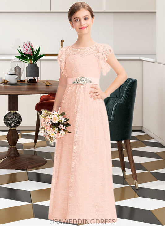 America A-Line Scoop Neck Floor-Length Lace Junior Bridesmaid Dress With Beading Bow(s) Cascading Ruffles DSP0013627