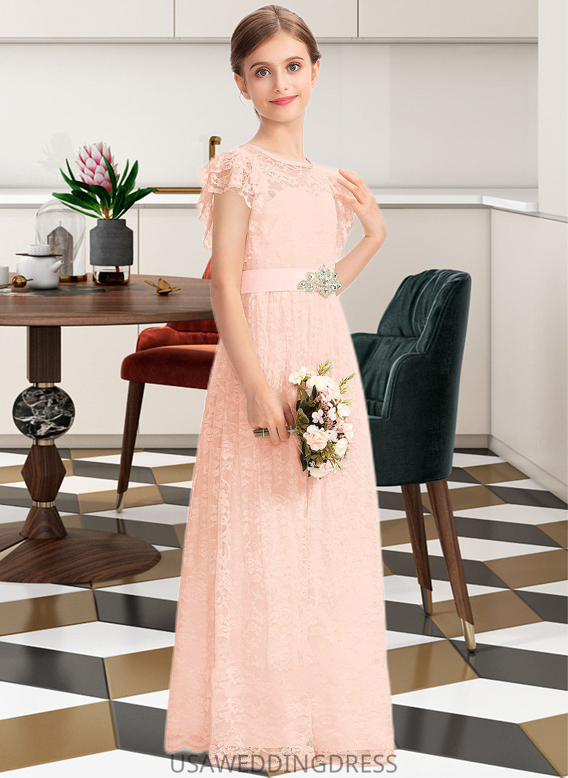 America A-Line Scoop Neck Floor-Length Lace Junior Bridesmaid Dress With Beading Bow(s) Cascading Ruffles DSP0013627