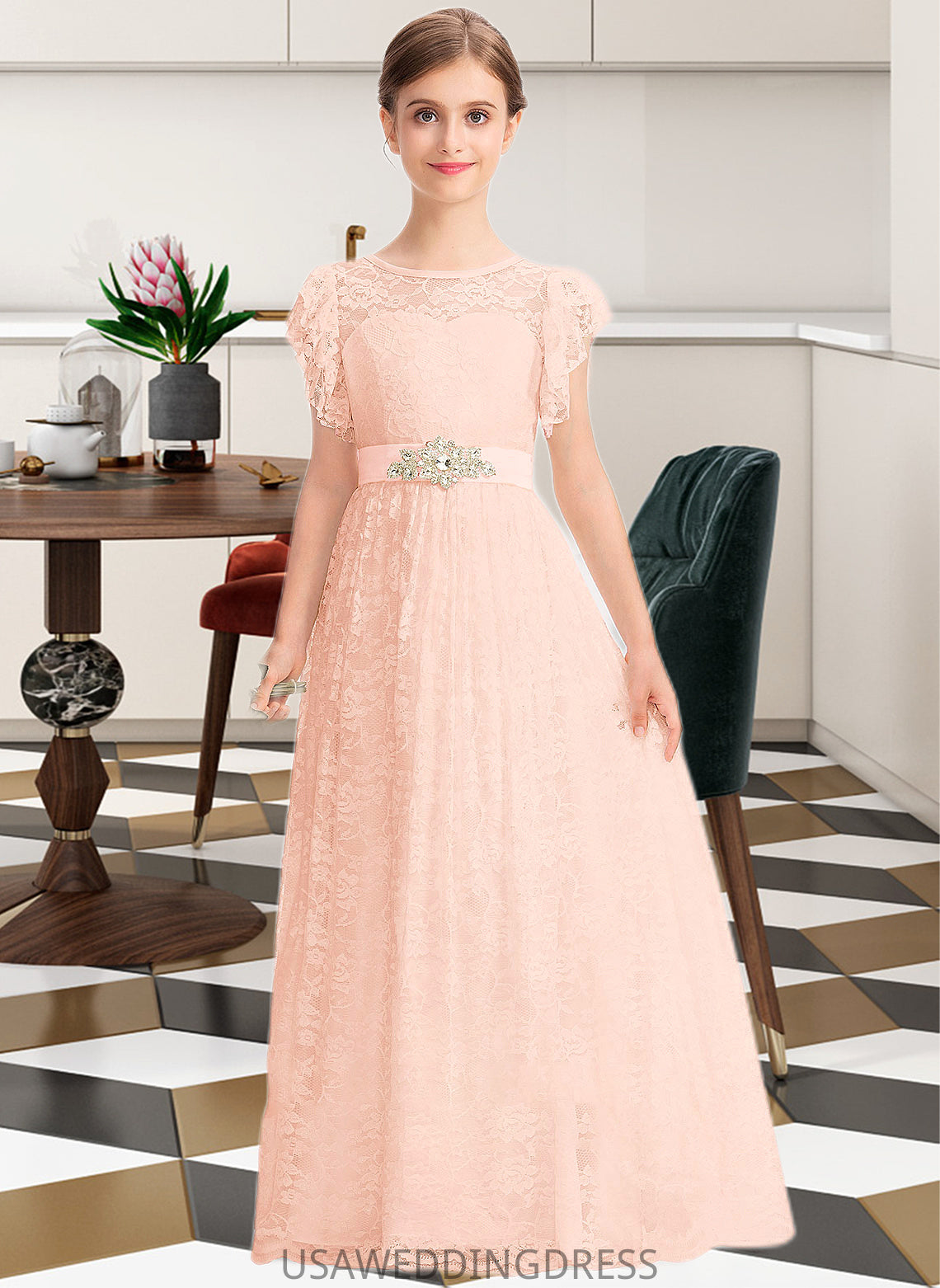 America A-Line Scoop Neck Floor-Length Lace Junior Bridesmaid Dress With Beading Bow(s) Cascading Ruffles DSP0013627