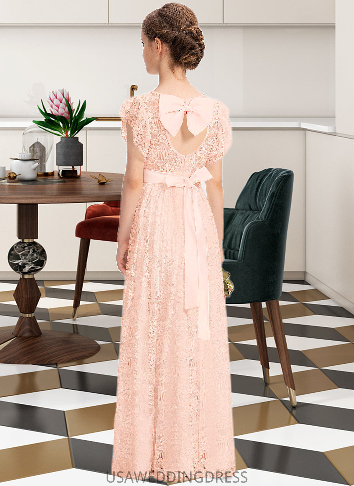 America A-Line Scoop Neck Floor-Length Lace Junior Bridesmaid Dress With Beading Bow(s) Cascading Ruffles DSP0013627