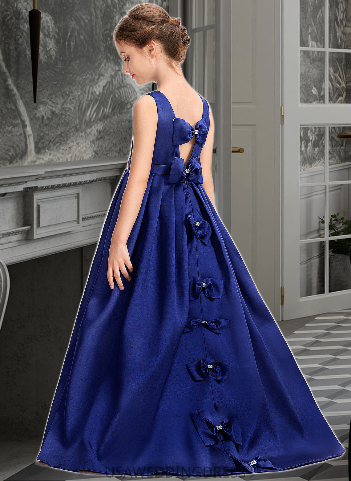 Esmeralda Ball-Gown/Princess Scoop Neck Sweep Train Satin Junior Bridesmaid Dress With Bow(s) DSP0013628