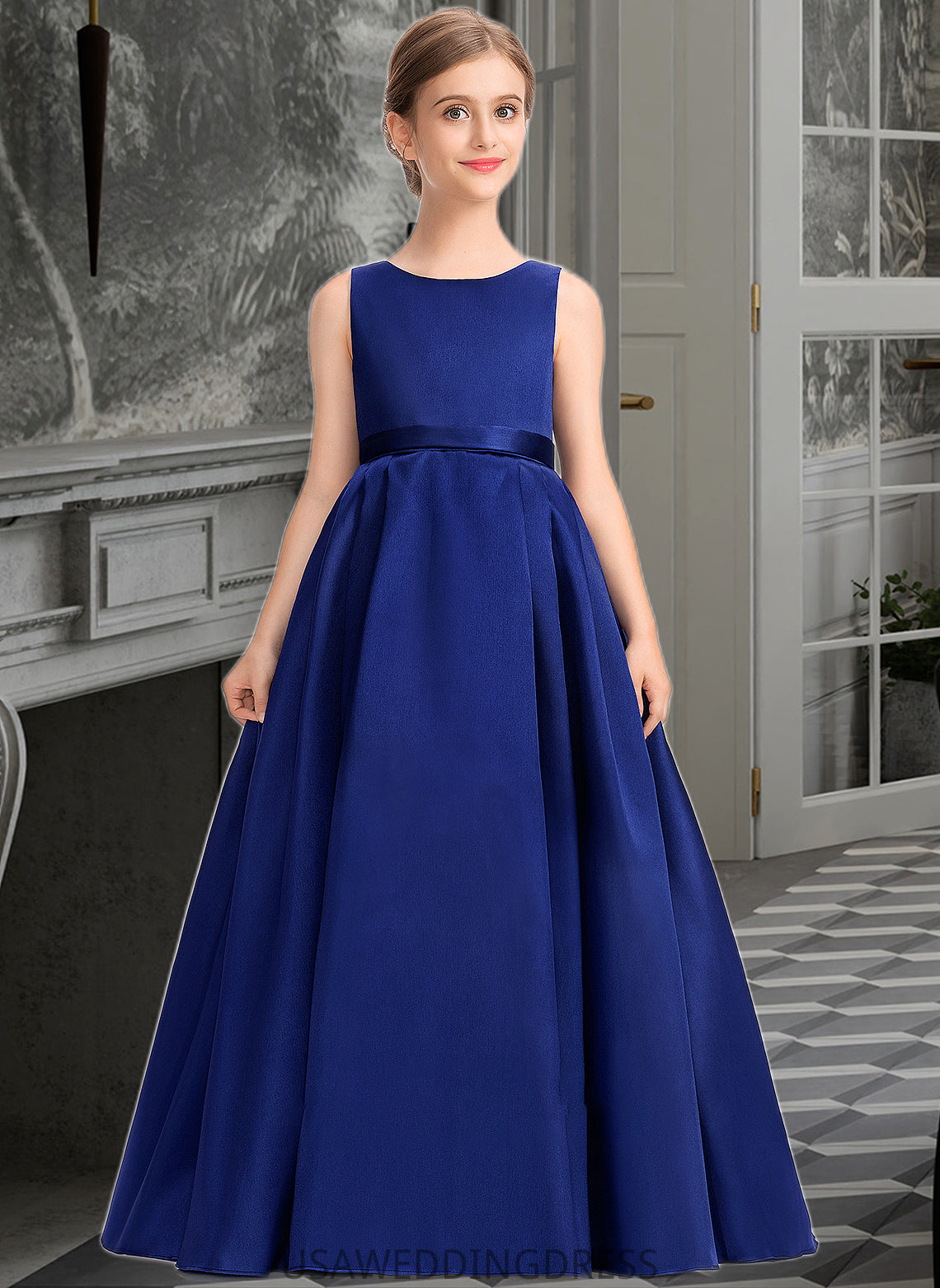 Esmeralda Ball-Gown/Princess Scoop Neck Sweep Train Satin Junior Bridesmaid Dress With Bow(s) DSP0013628