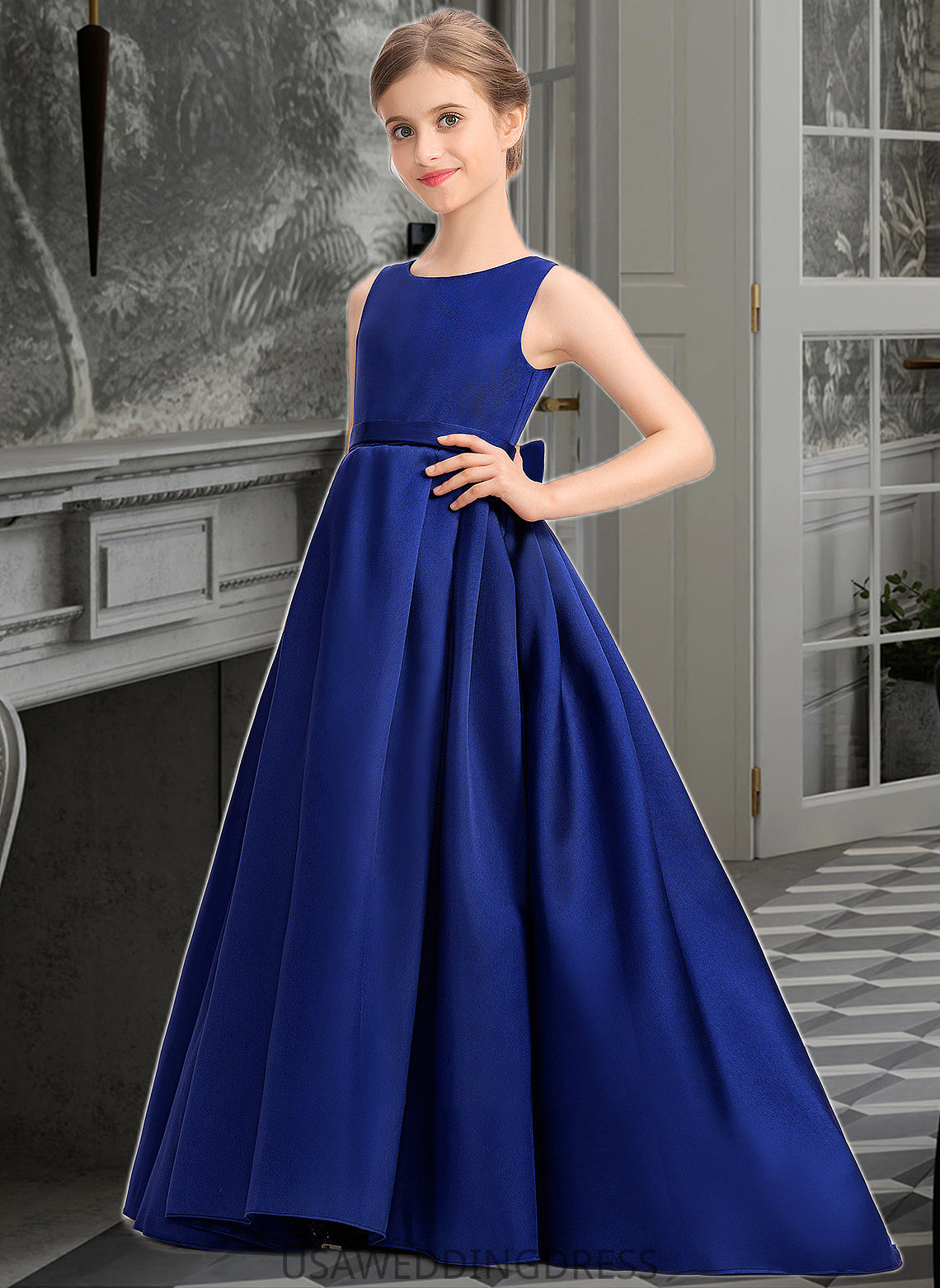 Esmeralda Ball-Gown/Princess Scoop Neck Sweep Train Satin Junior Bridesmaid Dress With Bow(s) DSP0013628