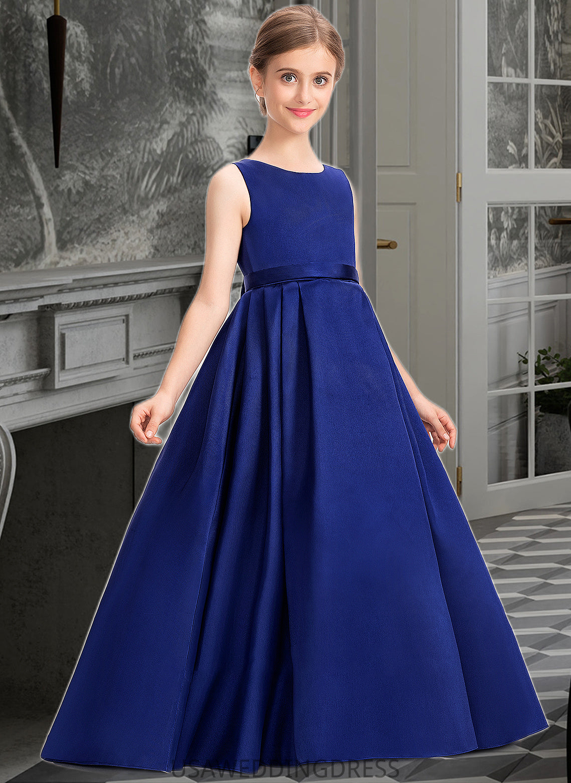 Esmeralda Ball-Gown/Princess Scoop Neck Sweep Train Satin Junior Bridesmaid Dress With Bow(s) DSP0013628