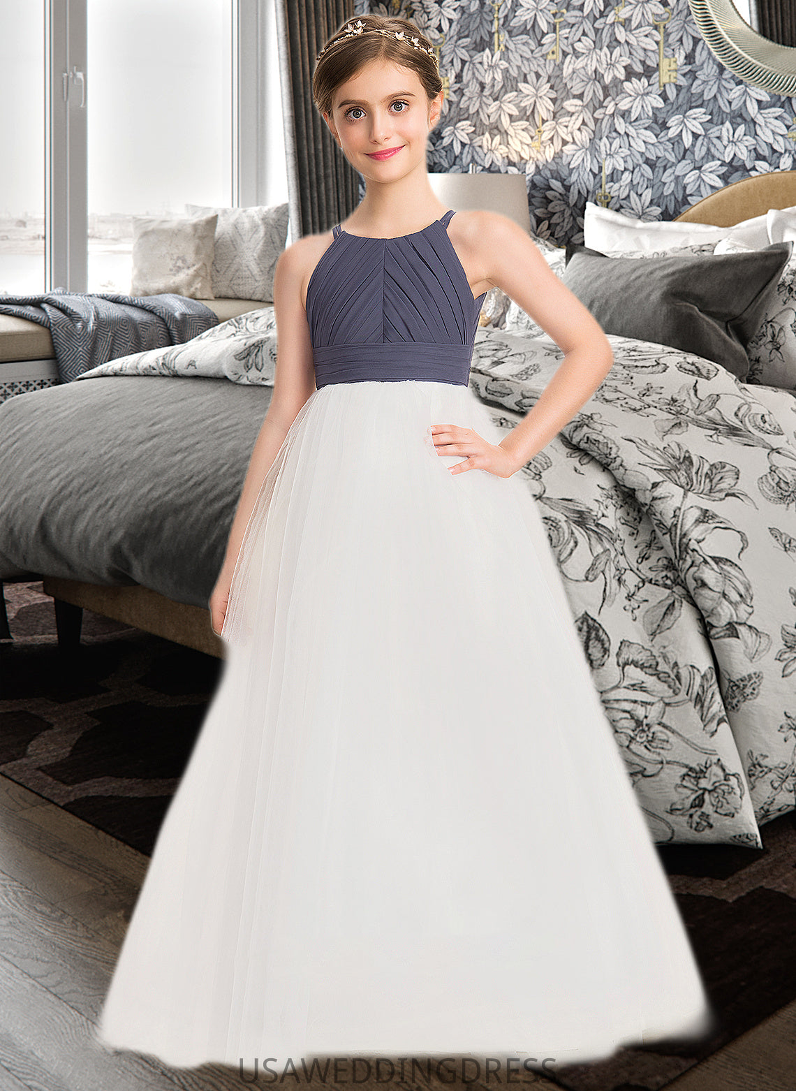 Karen A-Line Scoop Neck Floor-Length Chiffon Tulle Junior Bridesmaid Dress With Ruffle DSP0013629