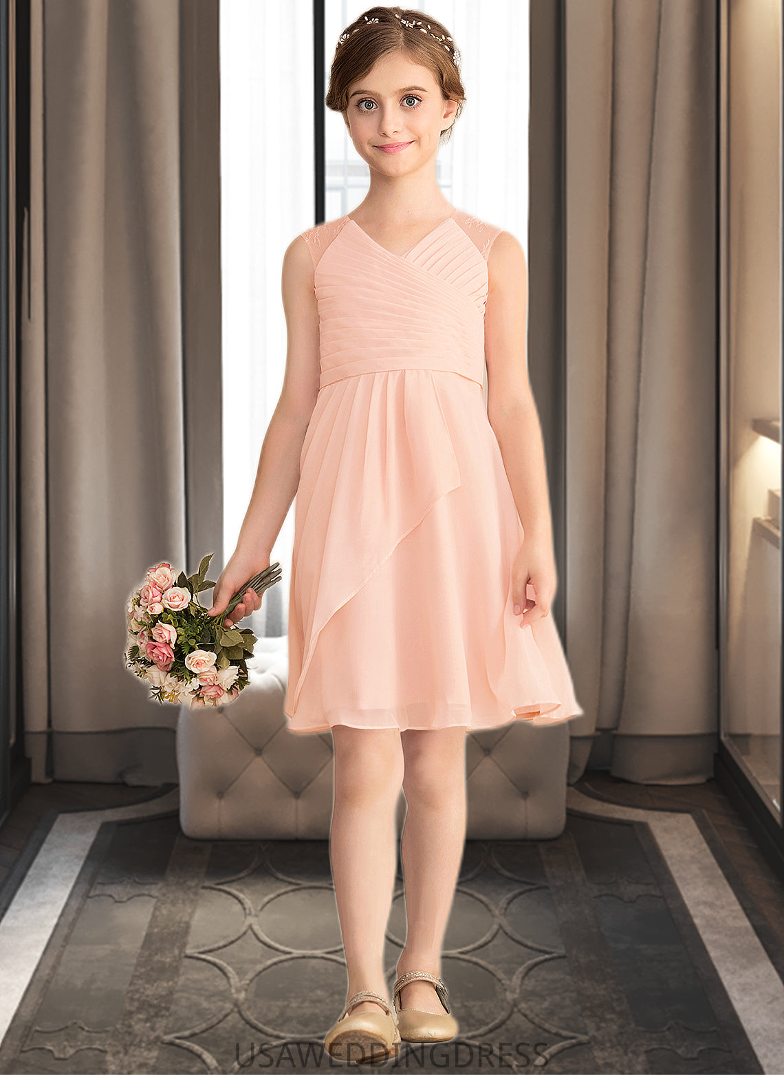 Damaris A-Line V-neck Knee-Length Chiffon Lace Junior Bridesmaid Dress With Cascading Ruffles DSP0013630