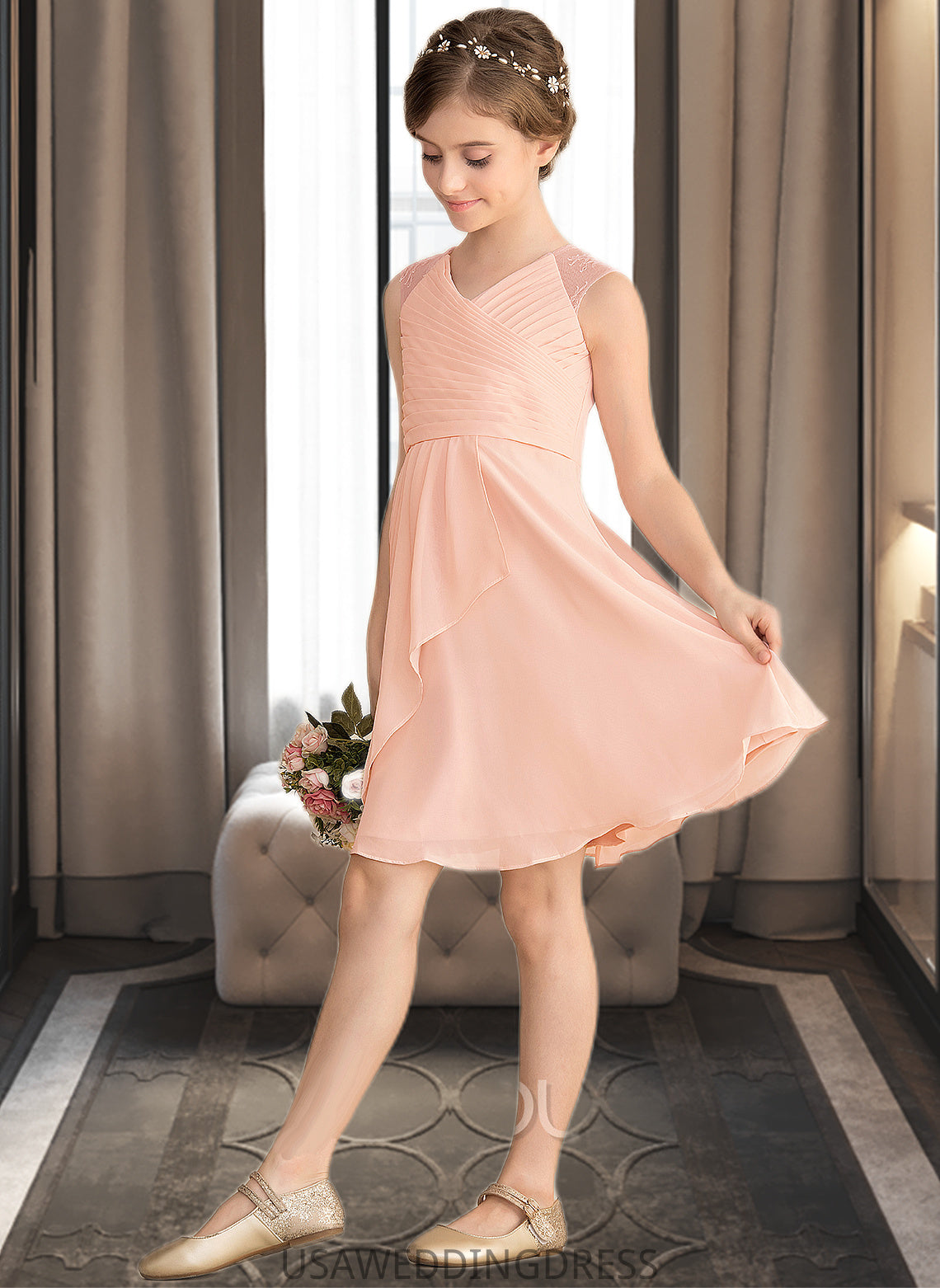 Damaris A-Line V-neck Knee-Length Chiffon Lace Junior Bridesmaid Dress With Cascading Ruffles DSP0013630