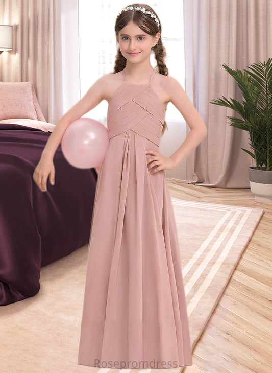 Destiny A-Line Scoop Neck Floor-Length Chiffon Junior Bridesmaid Dress With Ruffle SRSP0013632