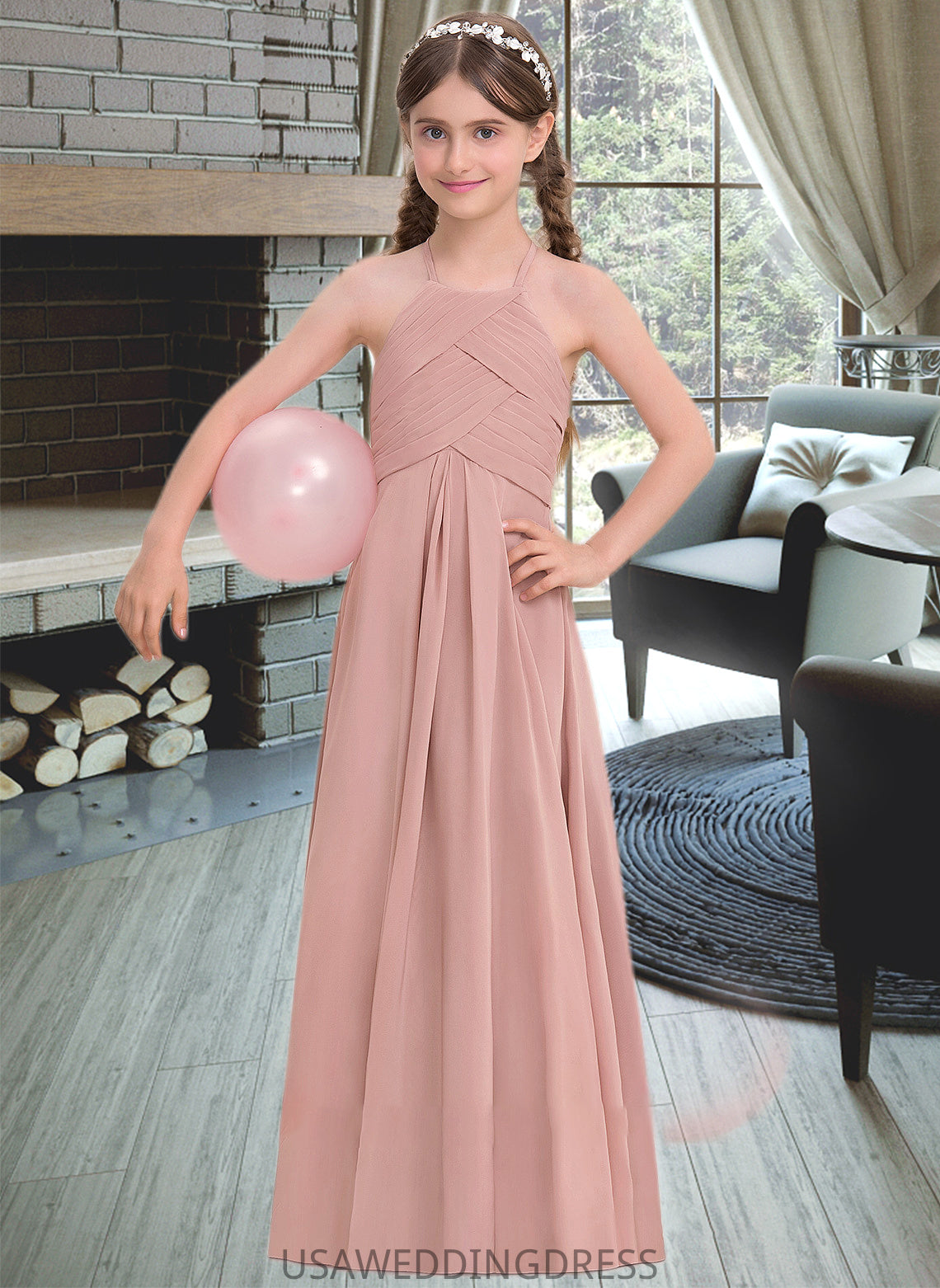 Mary A-Line Scoop Neck Floor-Length Chiffon Junior Bridesmaid Dress With Ruffle DSP0013632