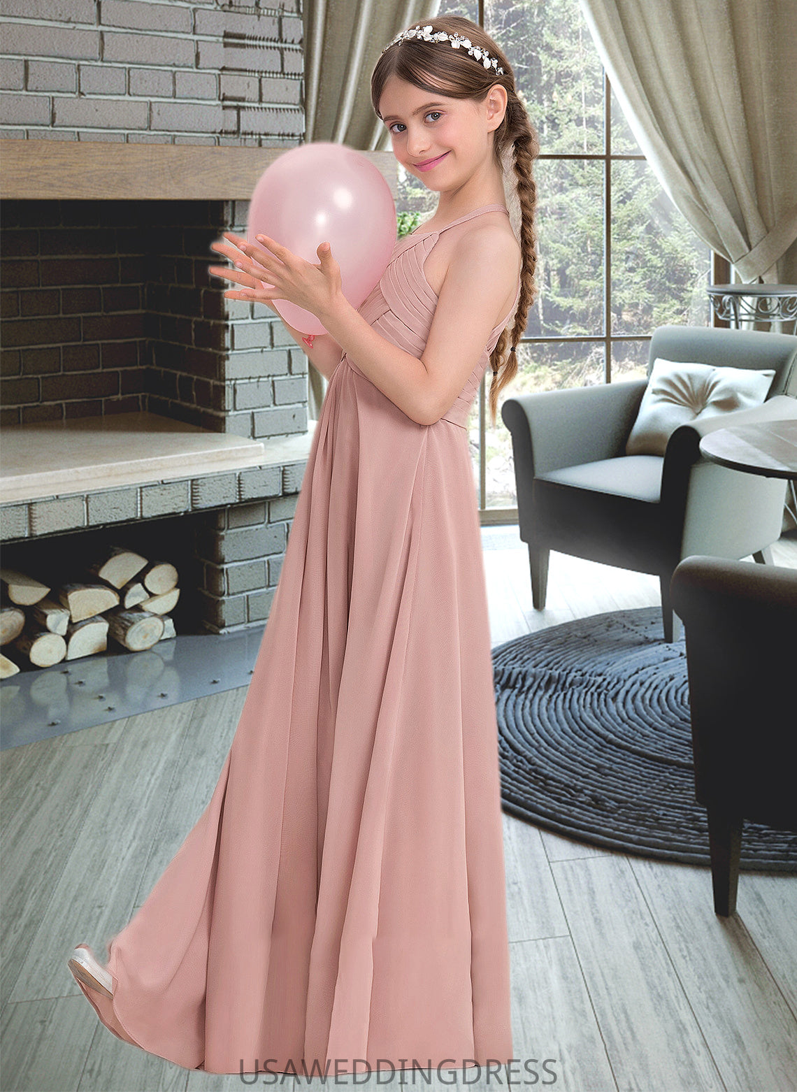 Mary A-Line Scoop Neck Floor-Length Chiffon Junior Bridesmaid Dress With Ruffle DSP0013632