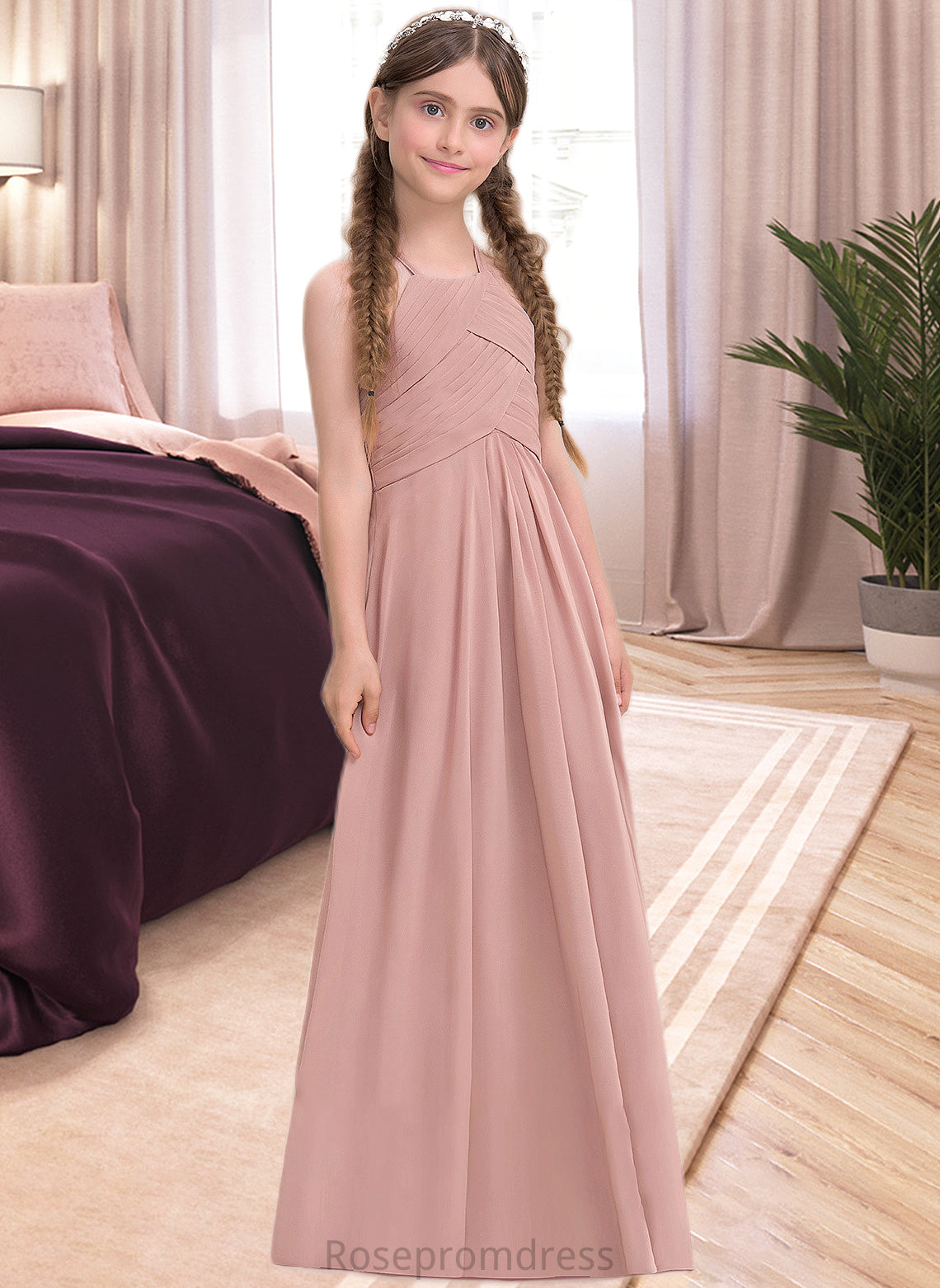 Destiny A-Line Scoop Neck Floor-Length Chiffon Junior Bridesmaid Dress With Ruffle SRSP0013632