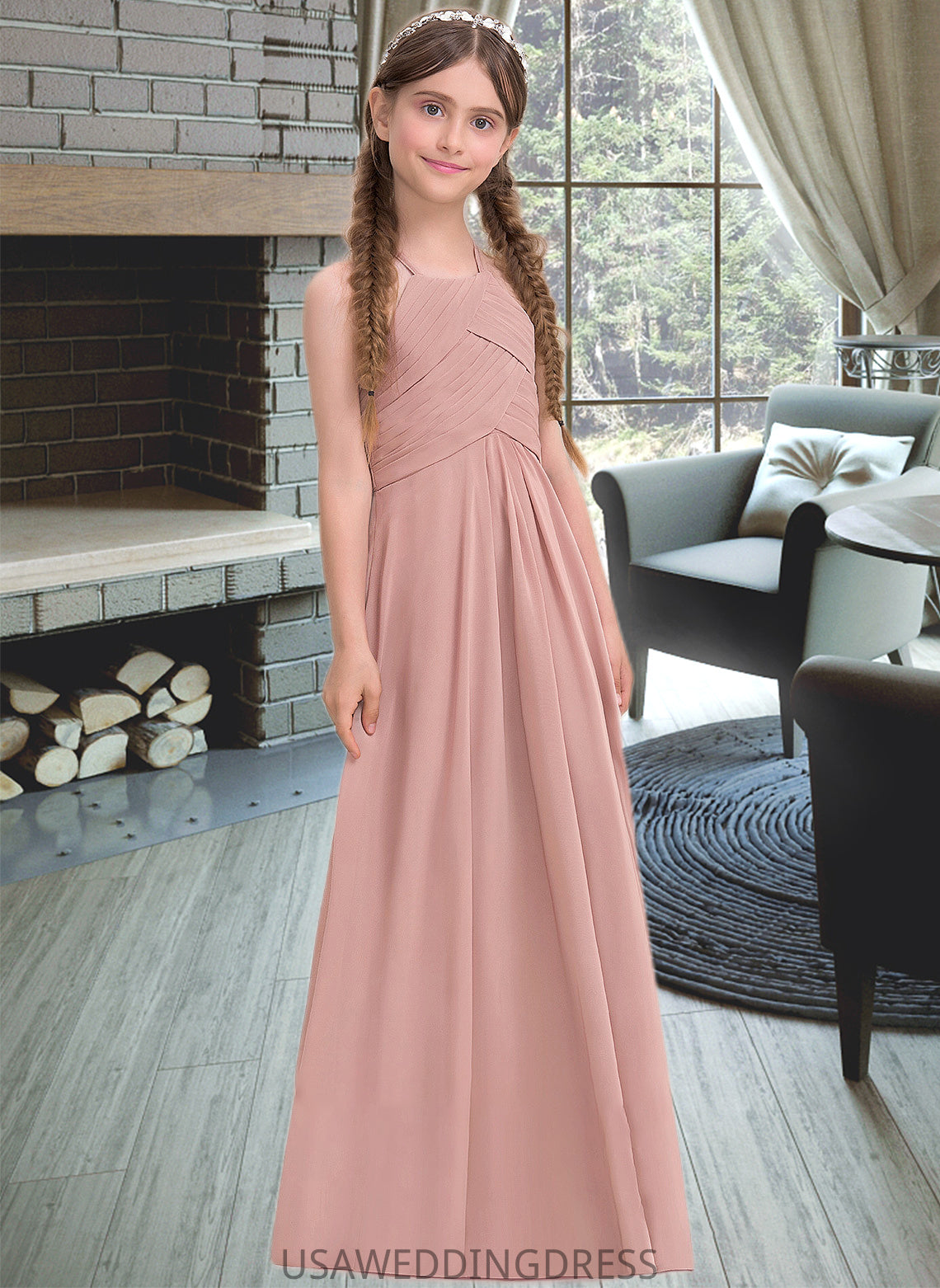 Mary A-Line Scoop Neck Floor-Length Chiffon Junior Bridesmaid Dress With Ruffle DSP0013632