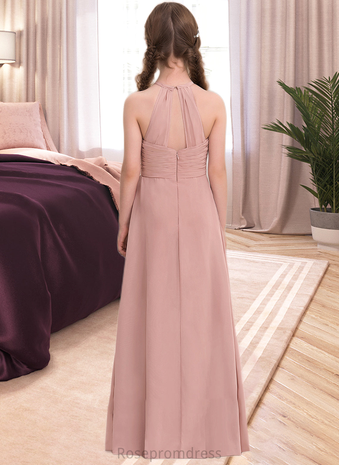 Destiny A-Line Scoop Neck Floor-Length Chiffon Junior Bridesmaid Dress With Ruffle SRSP0013632