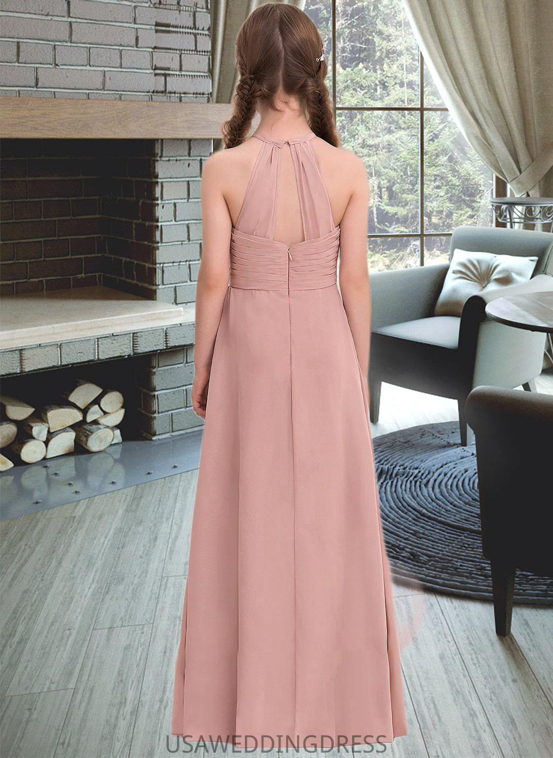 Mary A-Line Scoop Neck Floor-Length Chiffon Junior Bridesmaid Dress With Ruffle DSP0013632