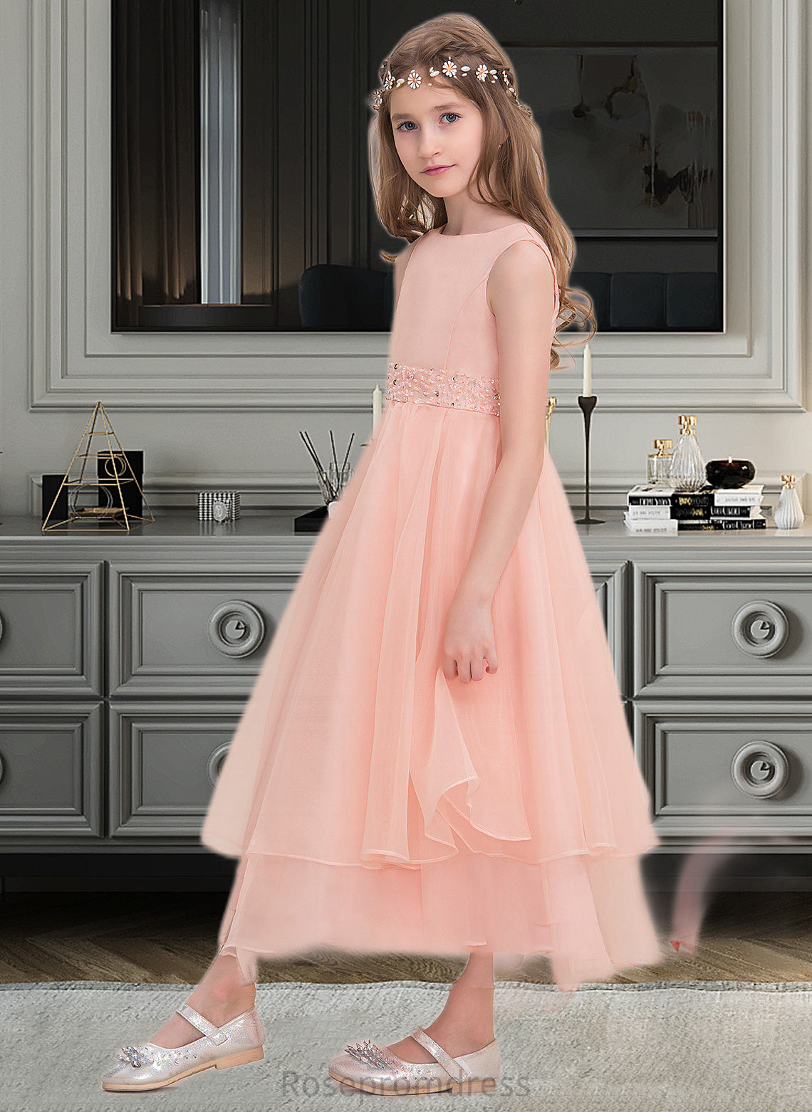 Yazmin A-Line Scoop Neck Ankle-Length Organza Junior Bridesmaid Dress With Beading Sequins SRSP0013633