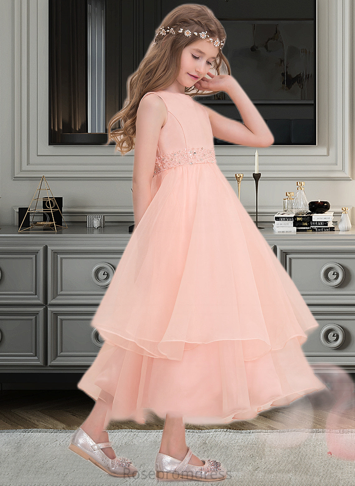 Yazmin A-Line Scoop Neck Ankle-Length Organza Junior Bridesmaid Dress With Beading Sequins SRSP0013633