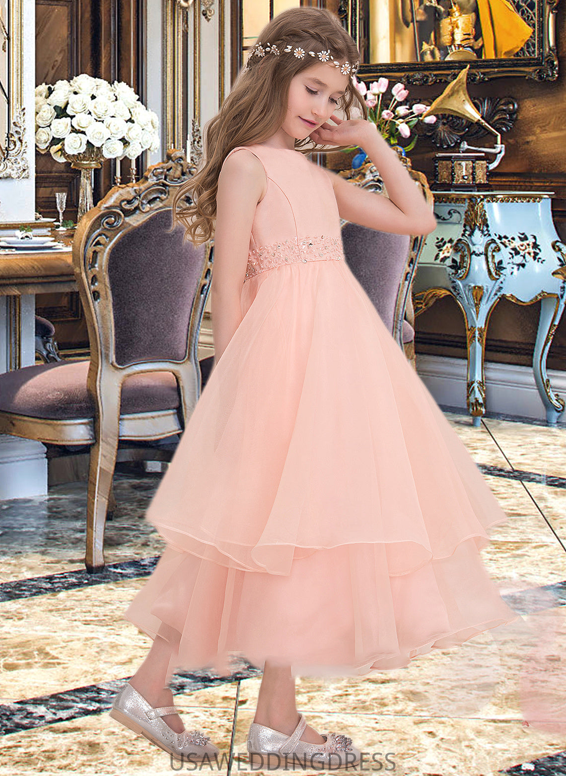 Joyce A-Line Scoop Neck Ankle-Length Organza Junior Bridesmaid Dress With Beading Sequins DSP0013633