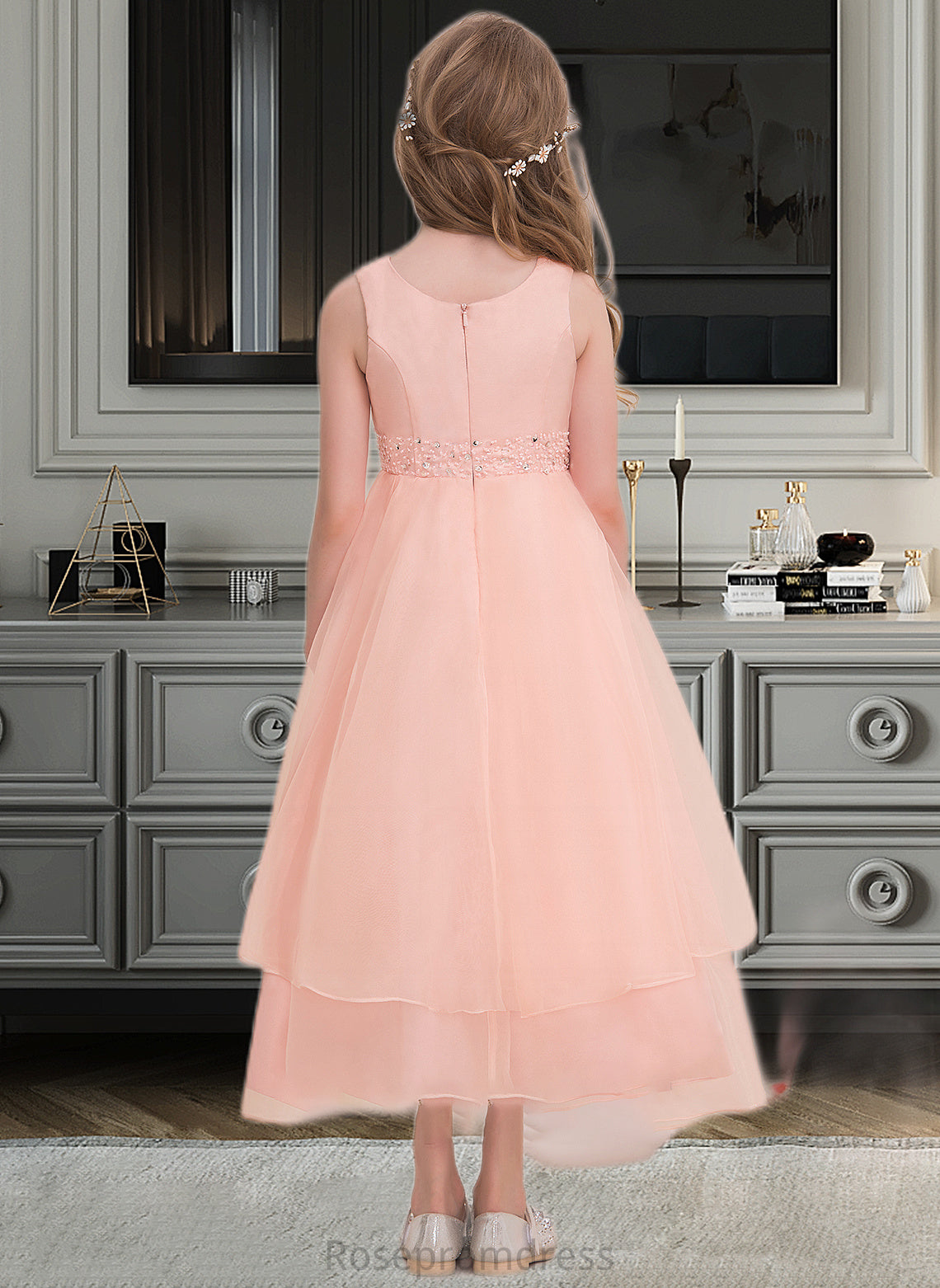 Yazmin A-Line Scoop Neck Ankle-Length Organza Junior Bridesmaid Dress With Beading Sequins SRSP0013633