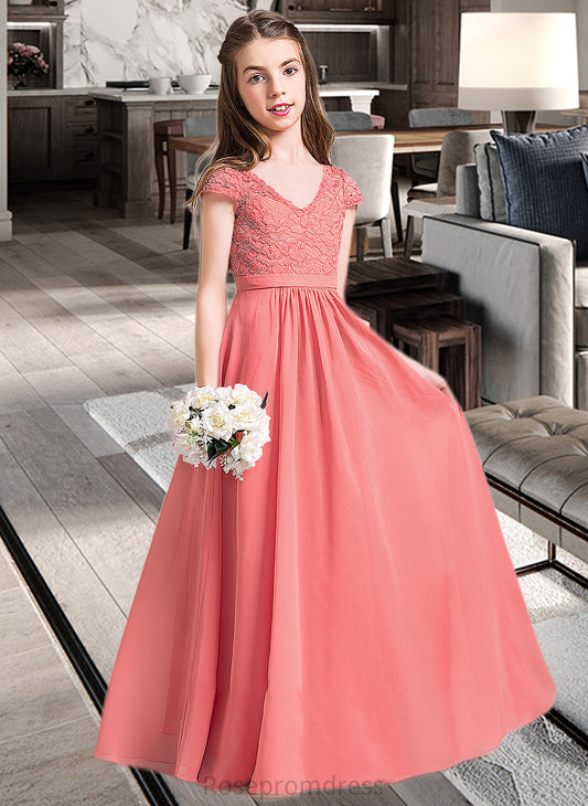 Cailyn A-Line V-neck Floor-Length Chiffon Lace Junior Bridesmaid Dress SRSP0013634