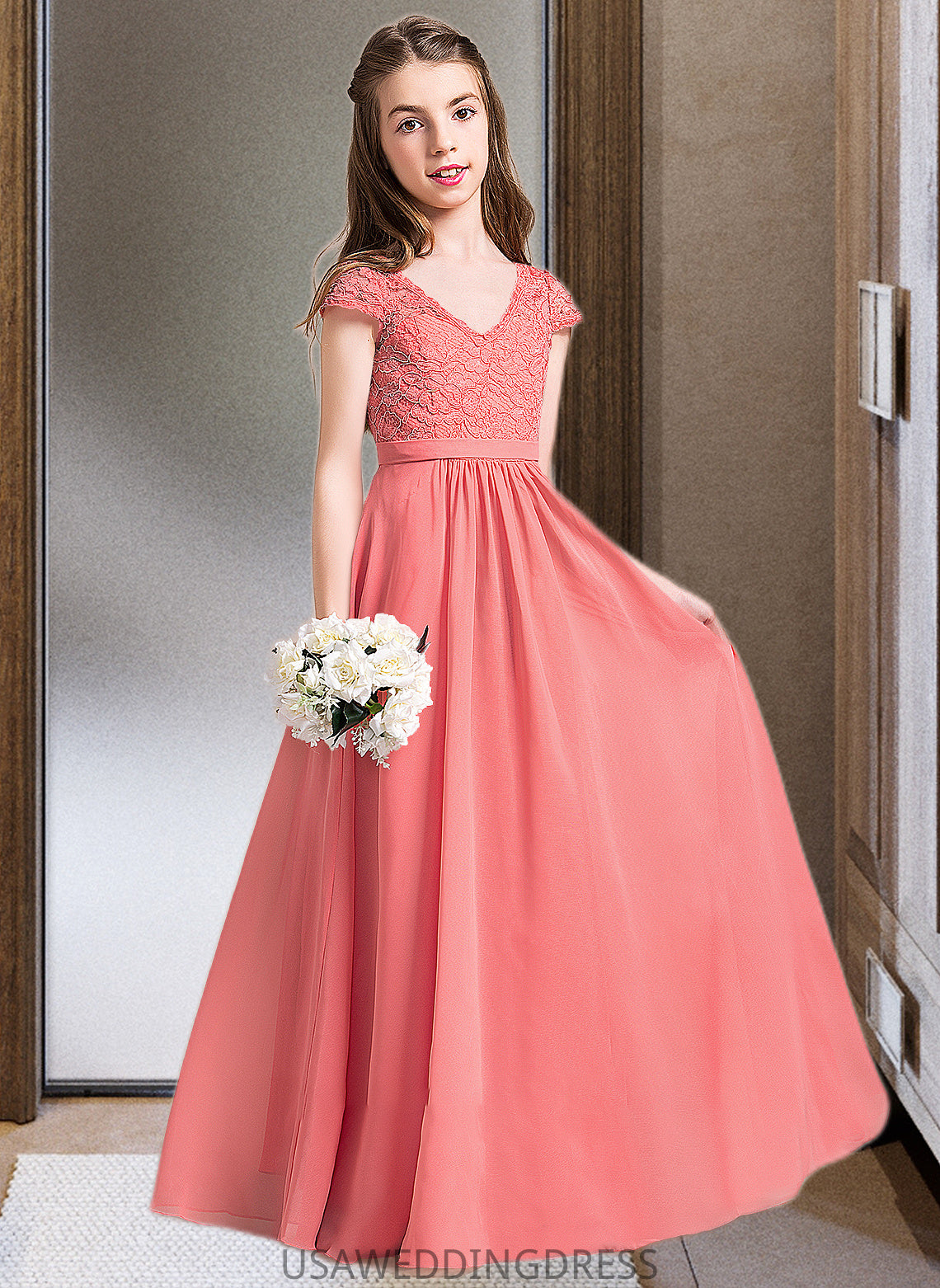 Annabelle A-Line V-neck Floor-Length Chiffon Lace Junior Bridesmaid Dress DSP0013634