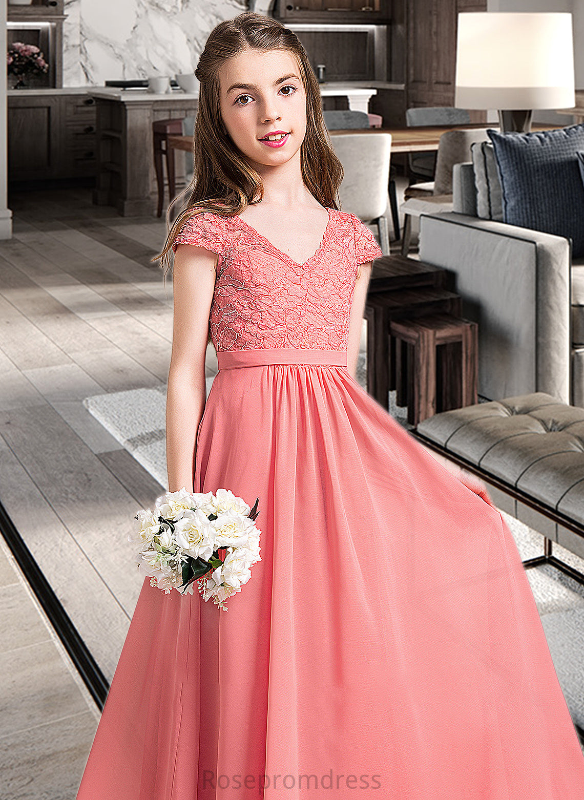 Cailyn A-Line V-neck Floor-Length Chiffon Lace Junior Bridesmaid Dress SRSP0013634