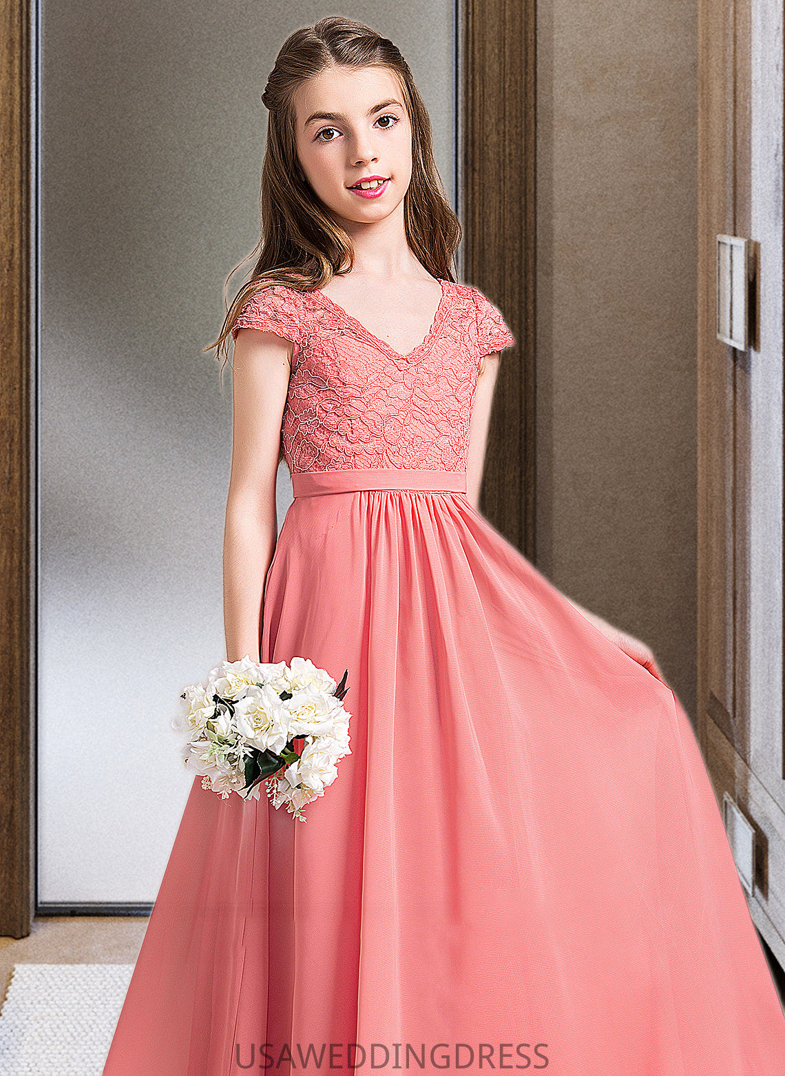 Annabelle A-Line V-neck Floor-Length Chiffon Lace Junior Bridesmaid Dress DSP0013634