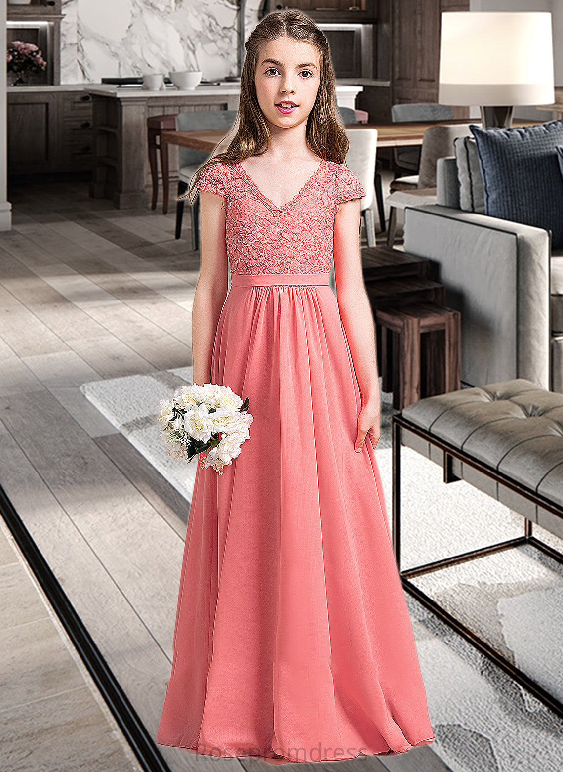 Cailyn A-Line V-neck Floor-Length Chiffon Lace Junior Bridesmaid Dress SRSP0013634