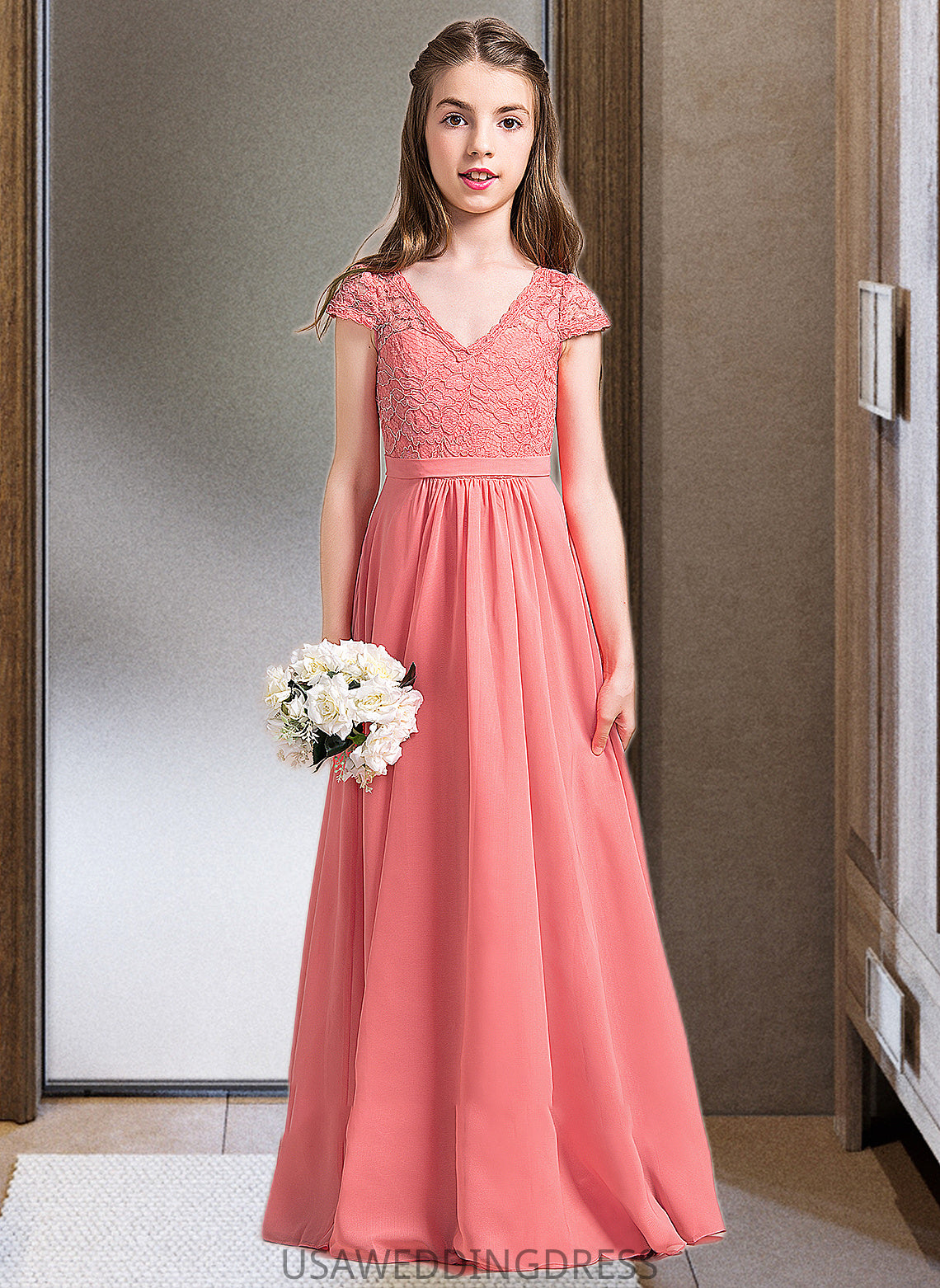 Annabelle A-Line V-neck Floor-Length Chiffon Lace Junior Bridesmaid Dress DSP0013634