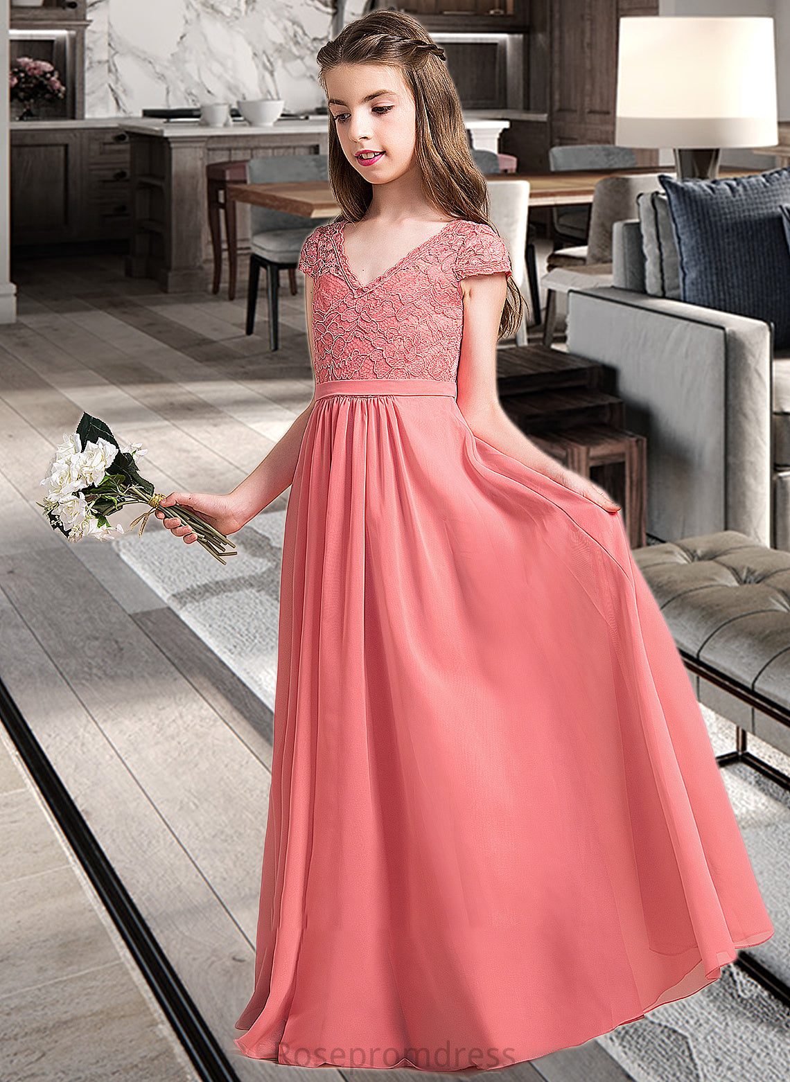 Cailyn A-Line V-neck Floor-Length Chiffon Lace Junior Bridesmaid Dress SRSP0013634