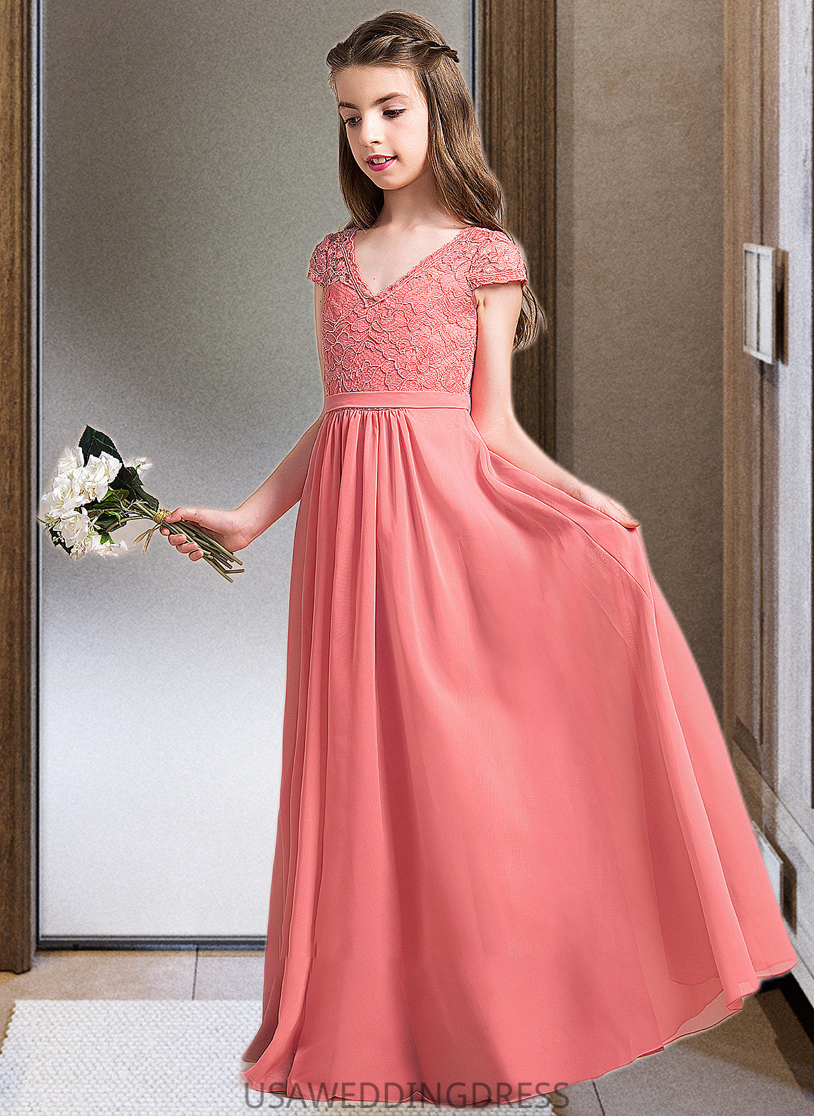 Annabelle A-Line V-neck Floor-Length Chiffon Lace Junior Bridesmaid Dress DSP0013634