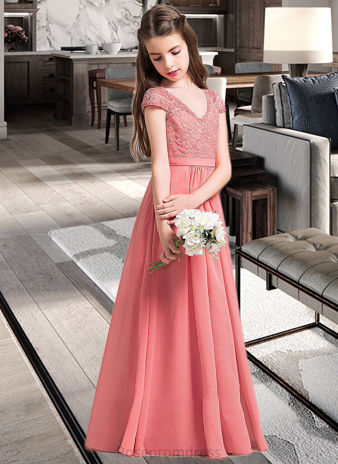 Cailyn A-Line V-neck Floor-Length Chiffon Lace Junior Bridesmaid Dress SRSP0013634