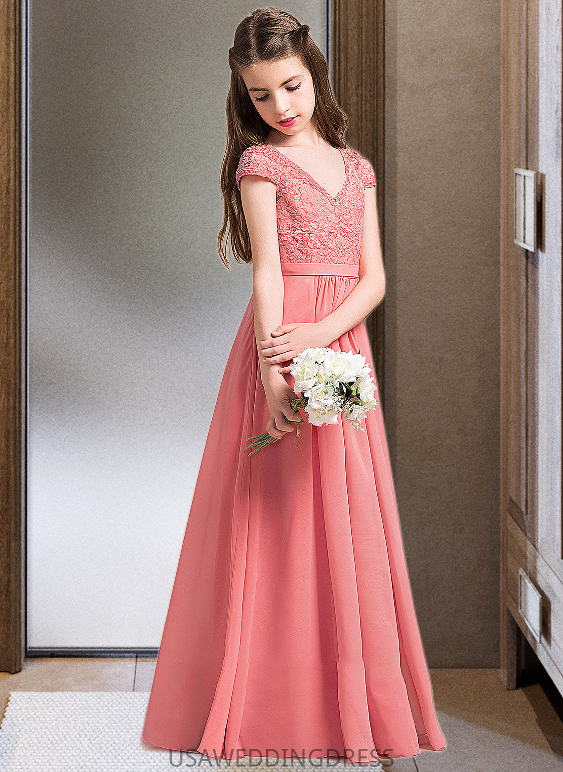 Annabelle A-Line V-neck Floor-Length Chiffon Lace Junior Bridesmaid Dress DSP0013634