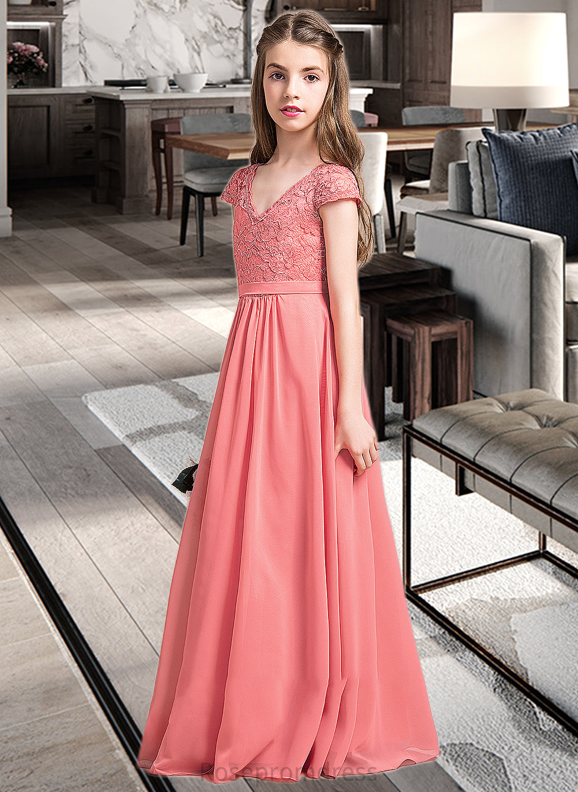 Cailyn A-Line V-neck Floor-Length Chiffon Lace Junior Bridesmaid Dress SRSP0013634